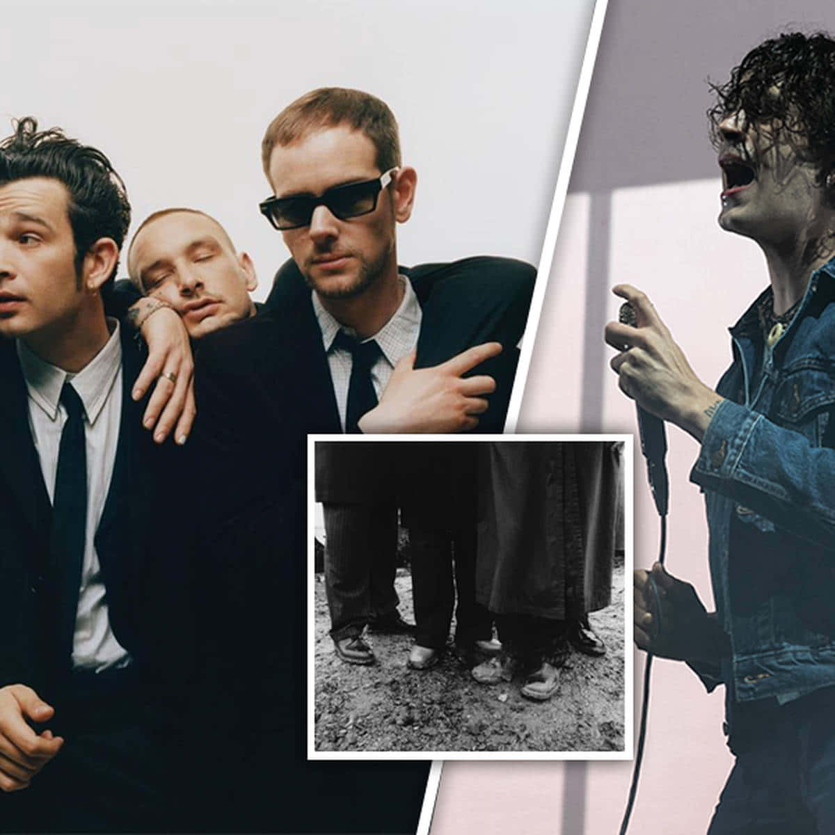 singer in denim, gritty black and white feet shot, three men in suits, SD Desktop Wallpaper