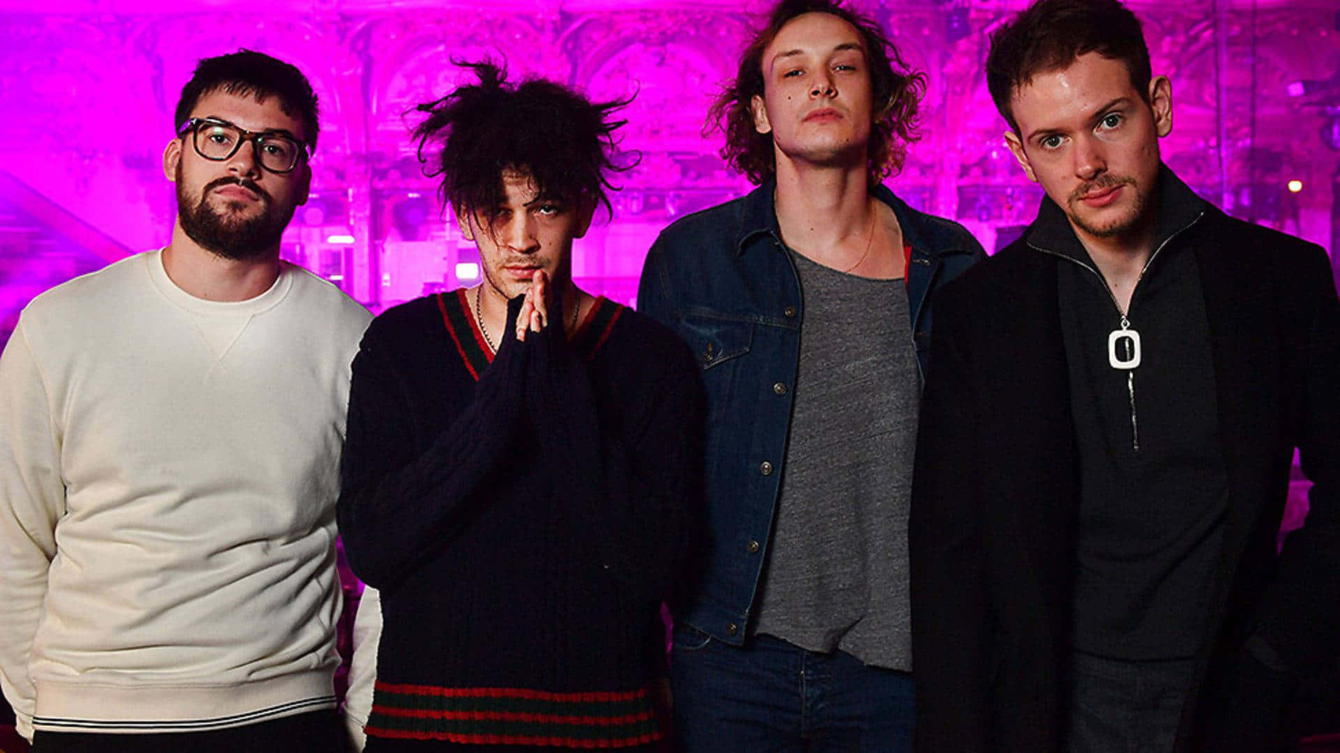 Guys, vibrant purple neon-lit background, four men, Full HD Desktop Wallpaper