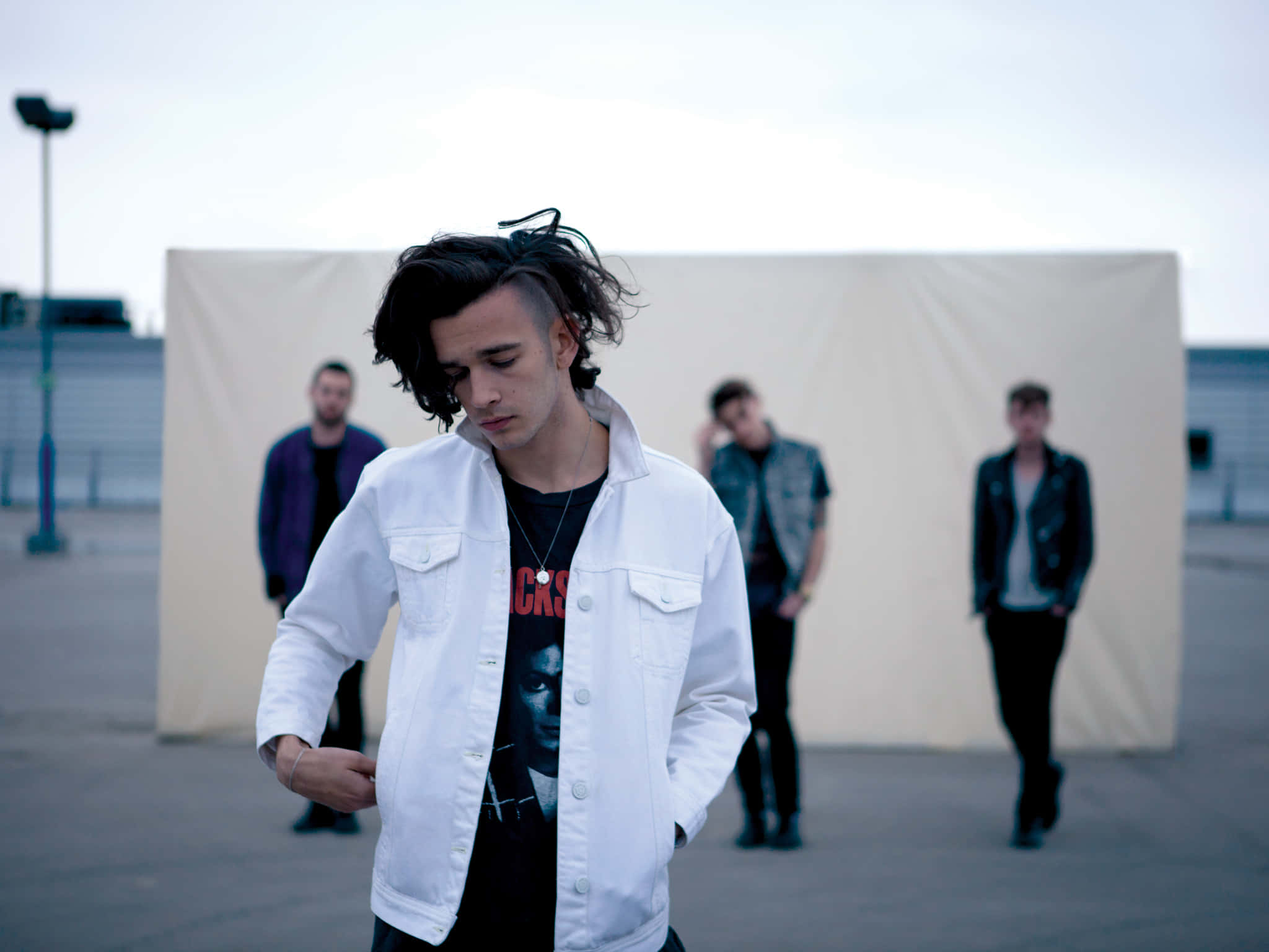 white denim jacket, white wall, young men, Full HD Desktop Wallpaper