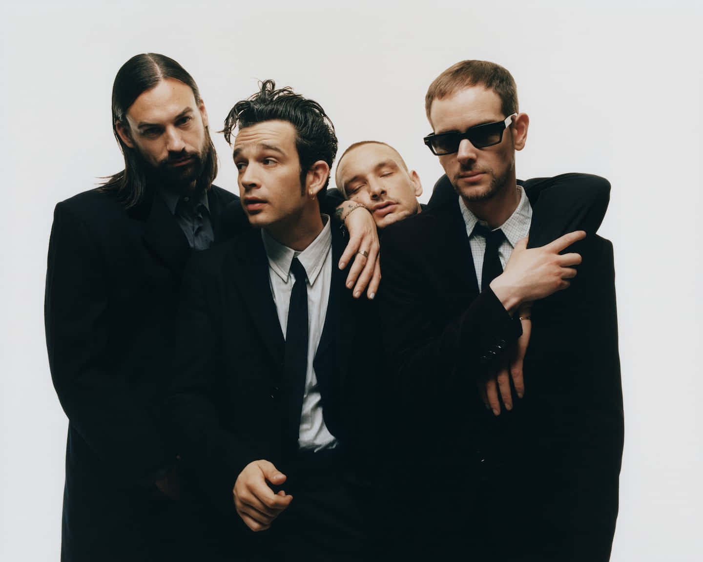 black suits, plain white background, four men, HD Desktop Wallpaper