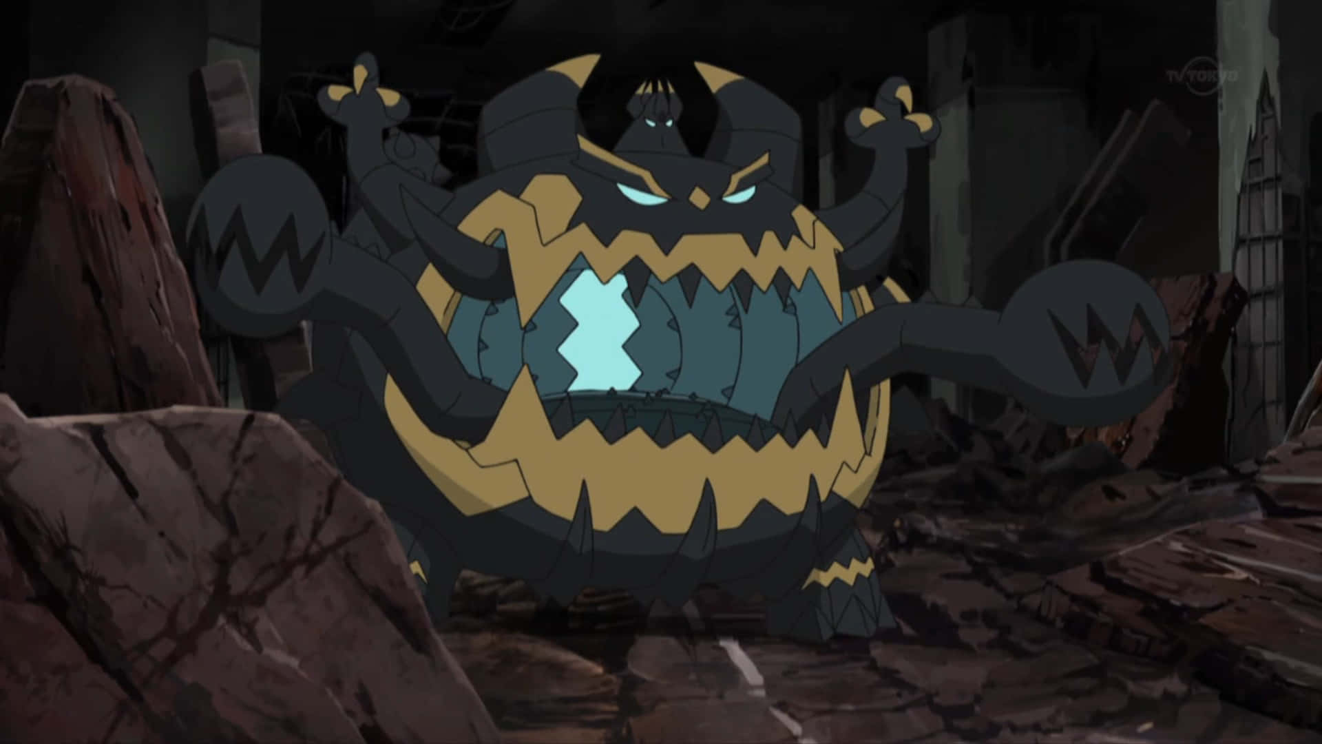 Guzzlord, angry cave, glowing blue eyes, Full HD Desktop Wallpaper