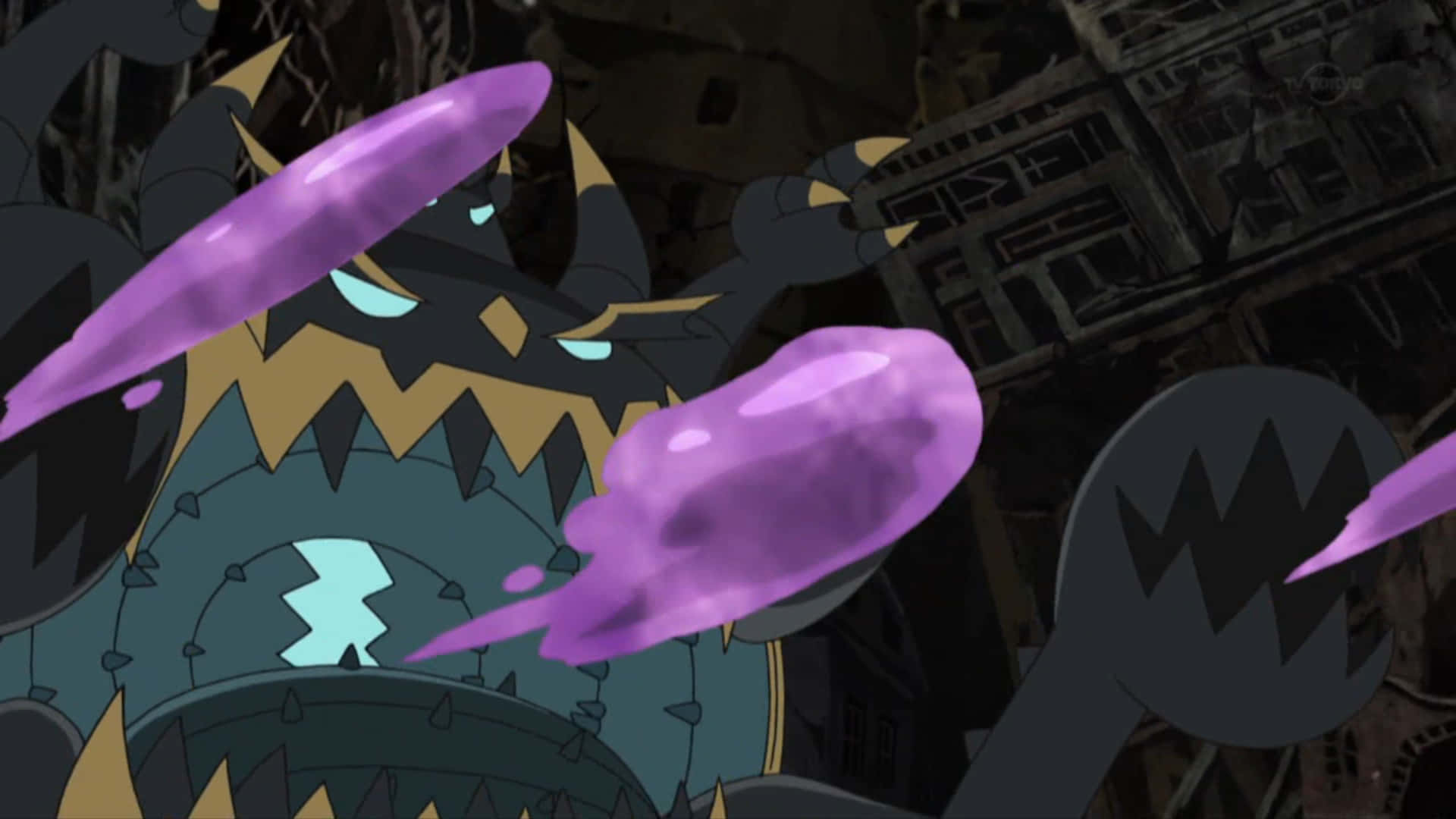 Guzzlord, violet projectiles, glowing cyan eyes, Full HD Desktop Wallpaper