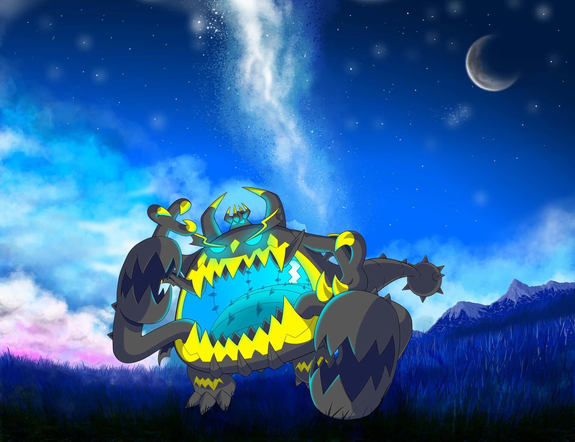 Guzzlord, starry night sky, crescent moon, Full HD Desktop Wallpaper