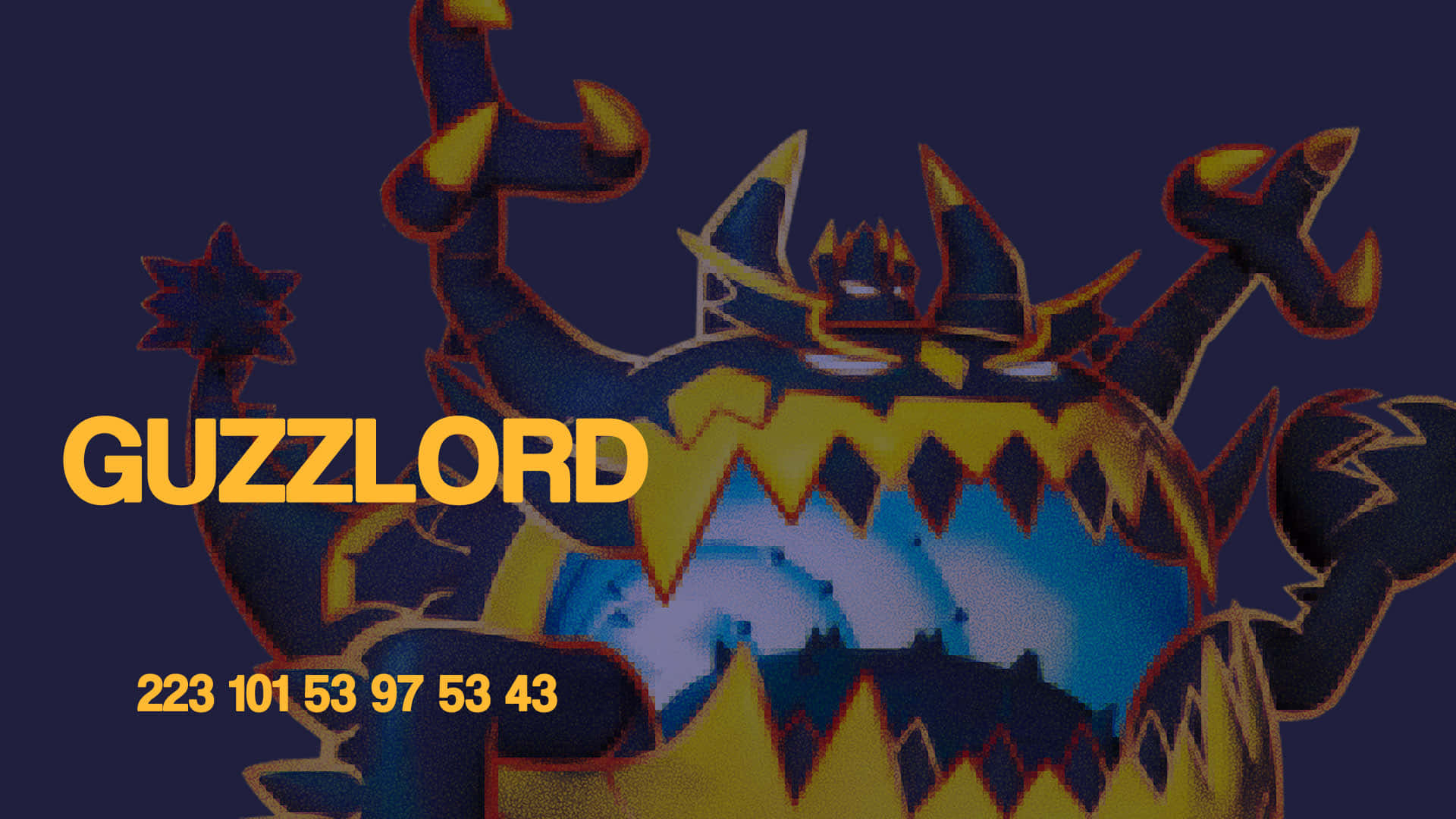 Guzzlord, dark blue background, bold yellow text, Full HD Desktop Wallpaper