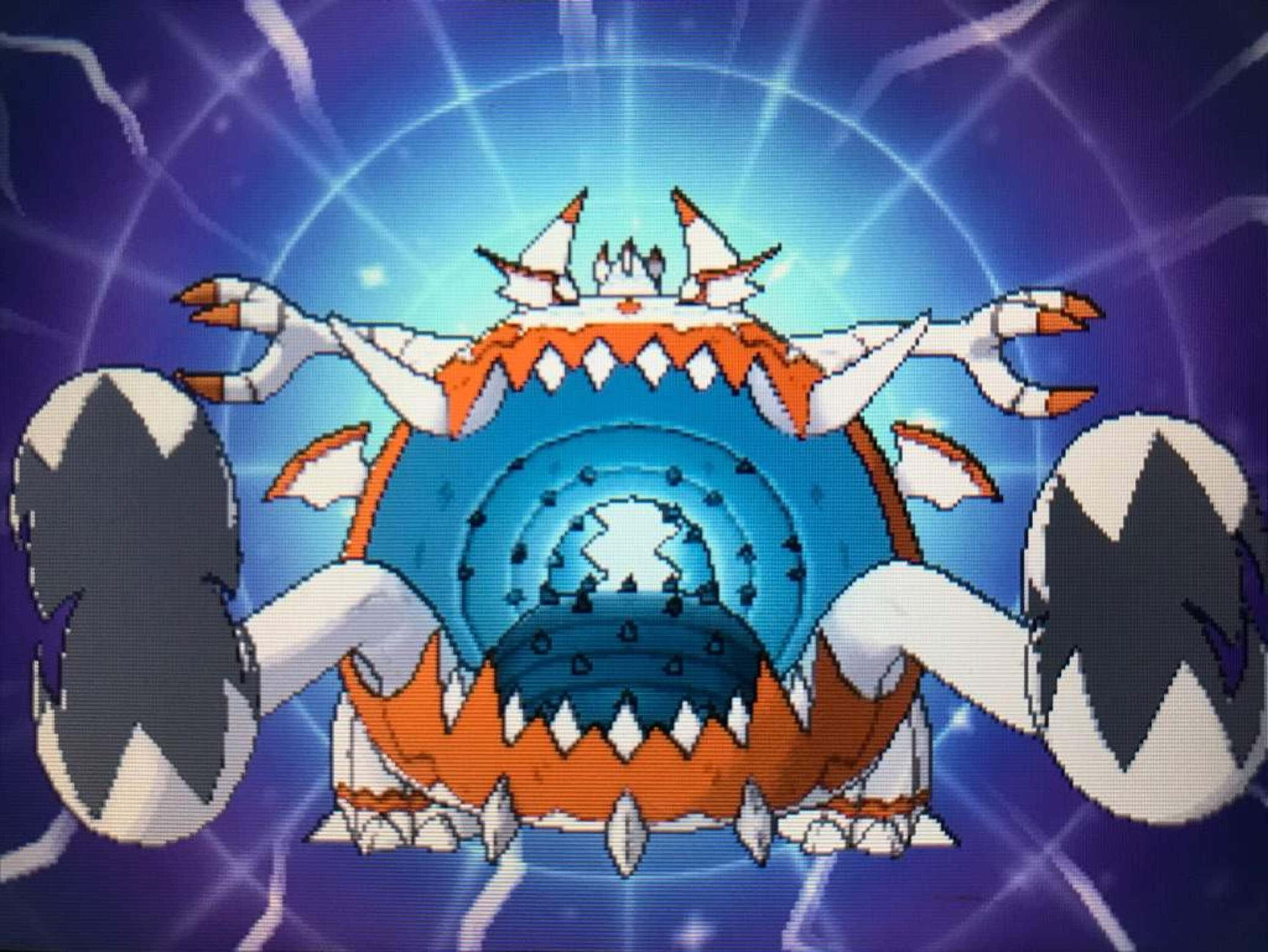 Guzzlord, orange and white armor, glowing blue eyes, 2K Desktop Wallpaper