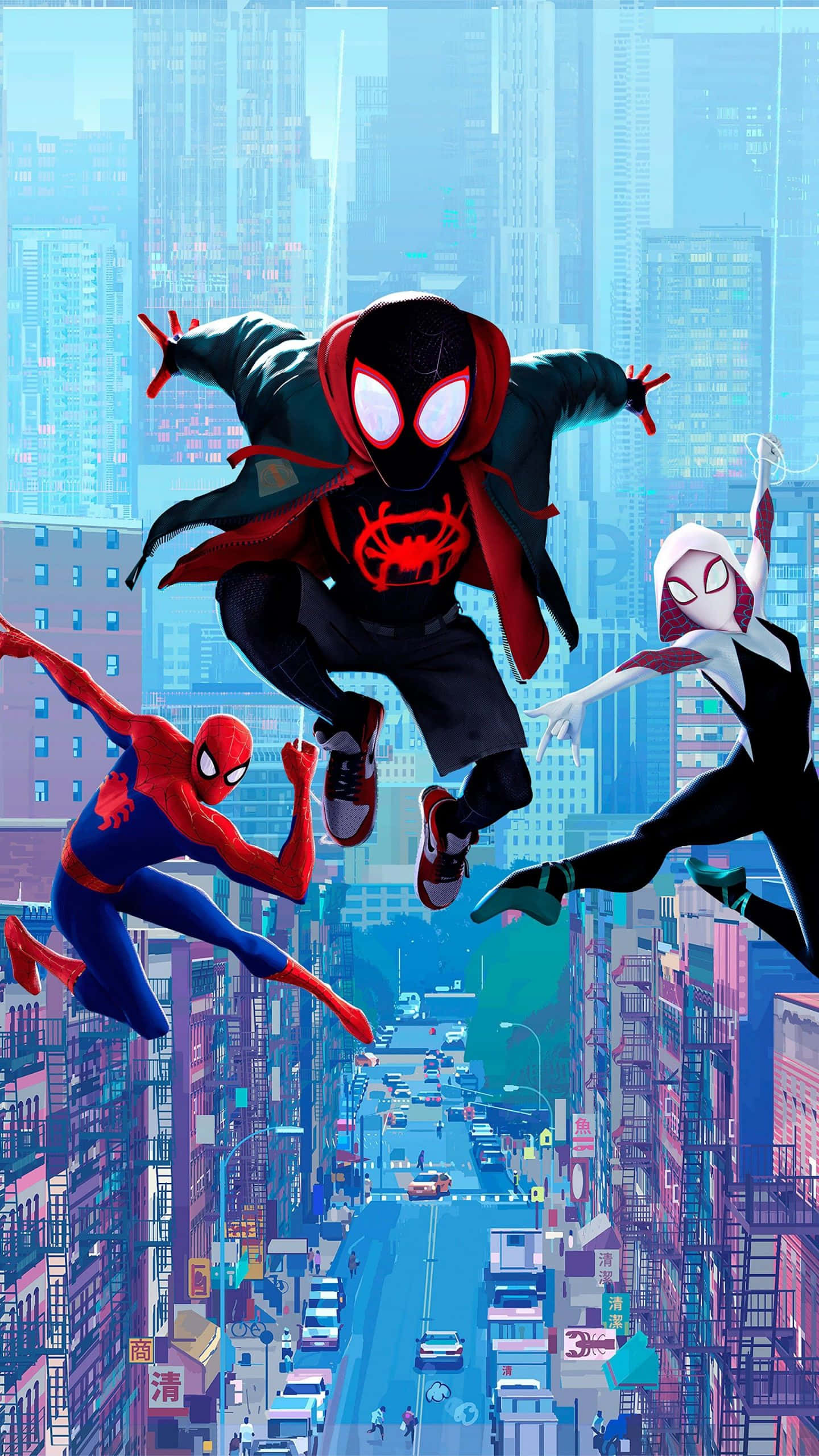 Gwen Stacy, iconic outfit, futuristic cityscape, 2K Phone Wallpaper