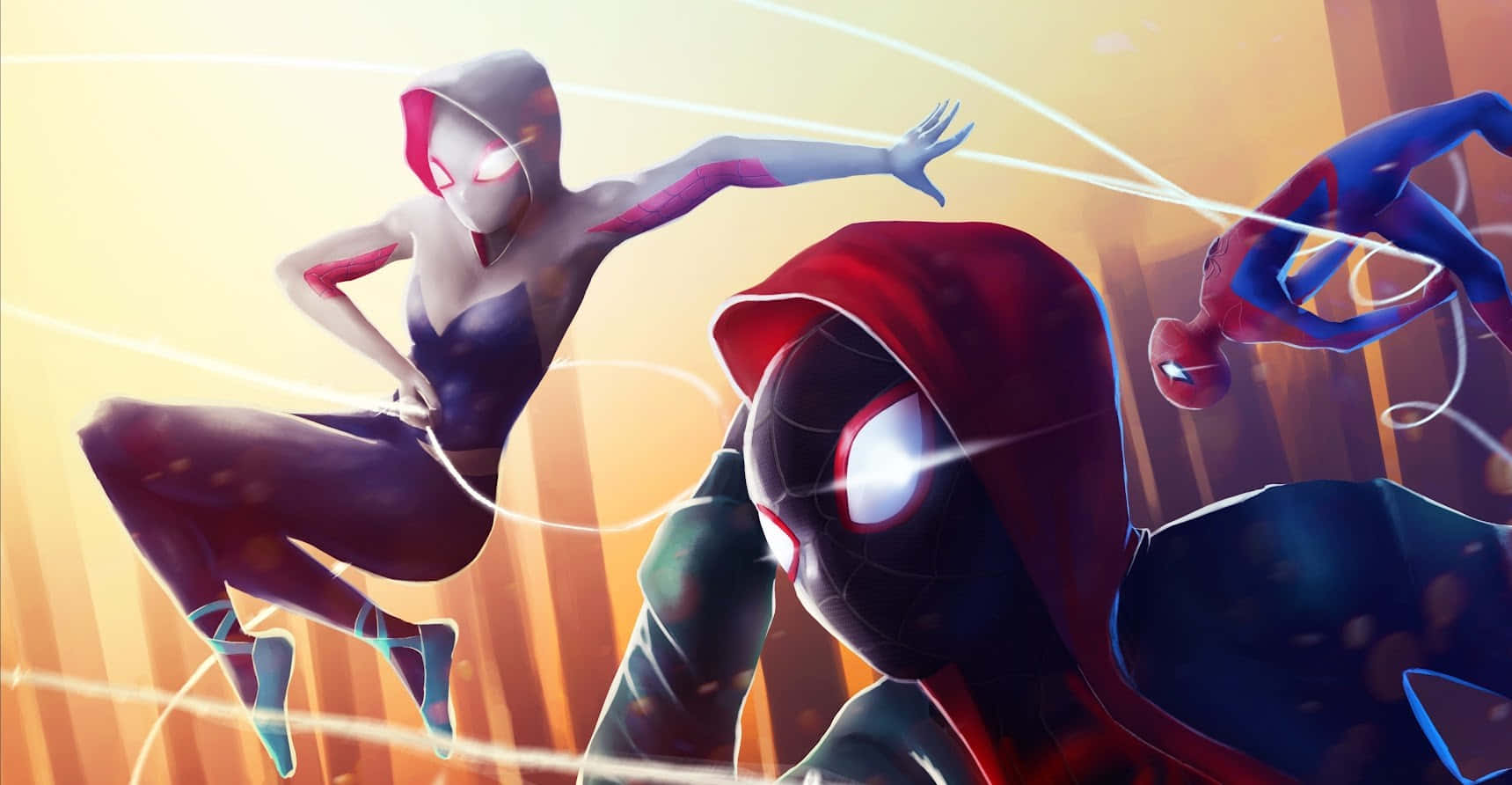 Gwen Stacy, spider-themed heroes, glowing golden cityscape, HD Desktop Wallpaper