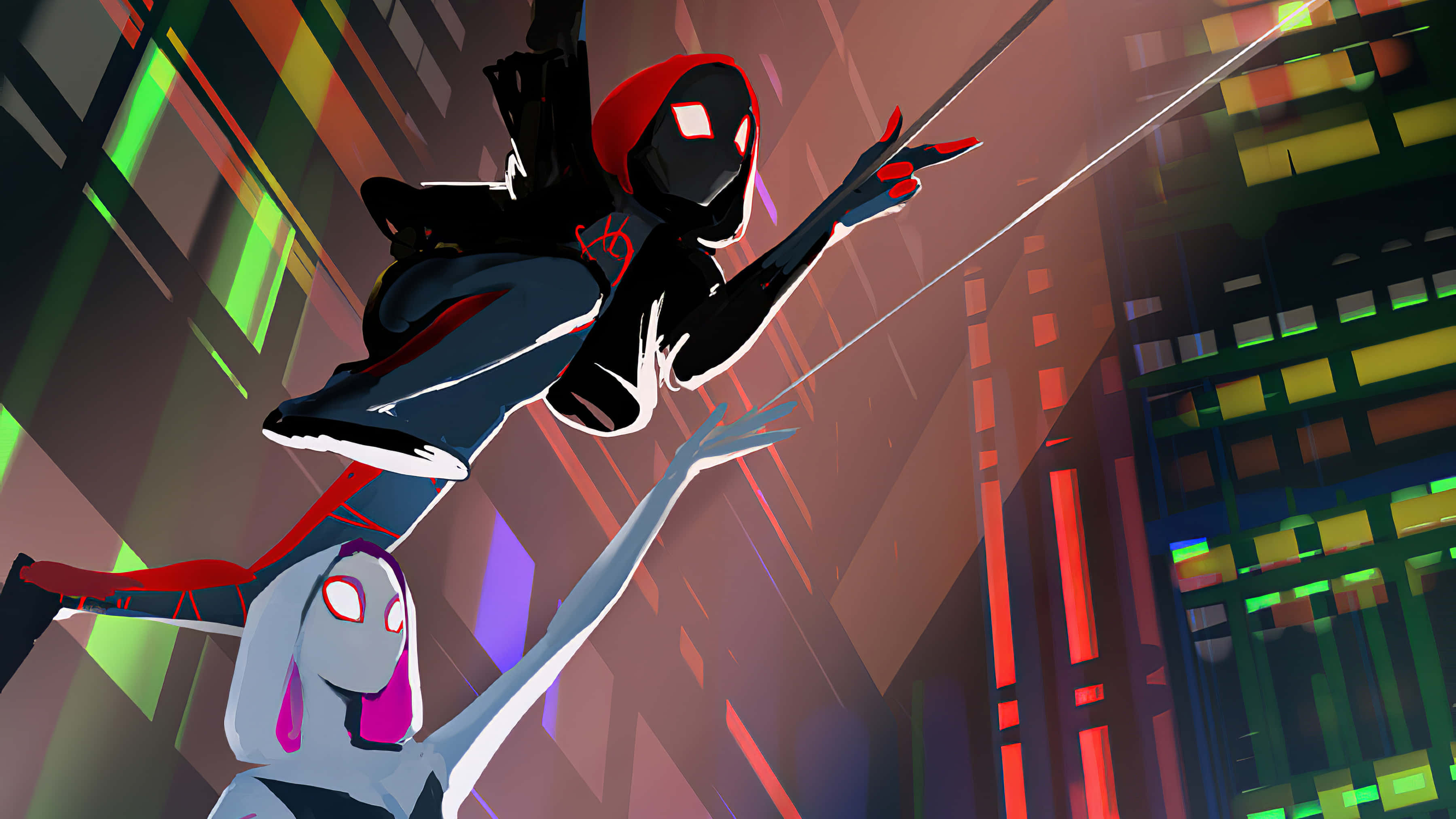 Gwen Stacy, neon-lit cityscape, glowing skyscrapers, 2K Desktop Wallpaper