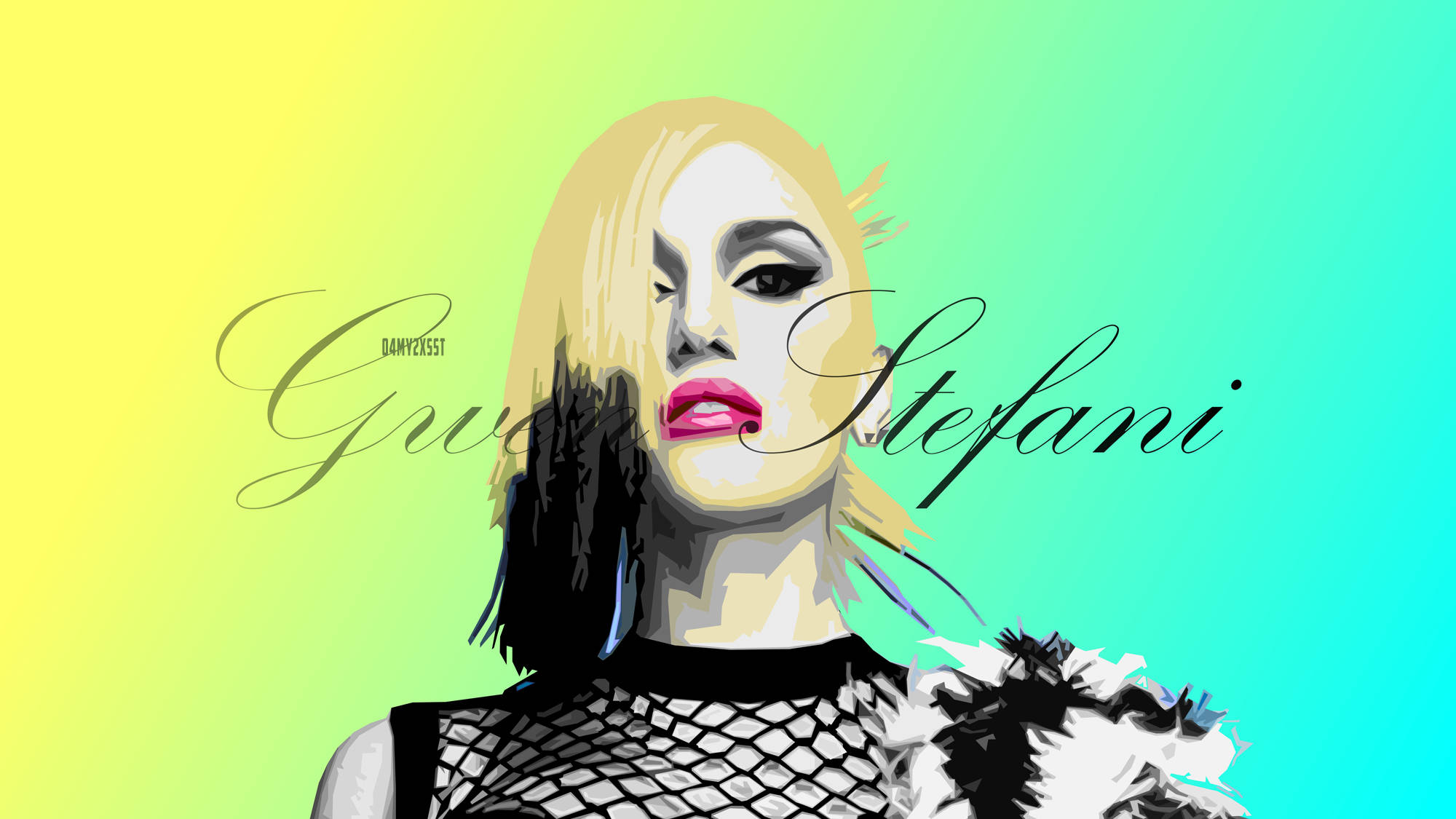 Gwen Stefani, fishnet top, vibrant yellow to teal gradient background, Full HD Desktop Wallpaper
