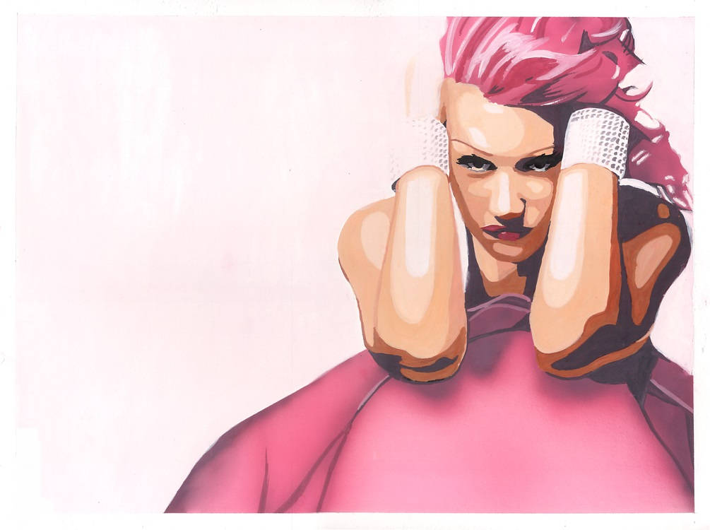 Gwen Stefani, pink hair, gloves covering her ears, SD Desktop Wallpaper