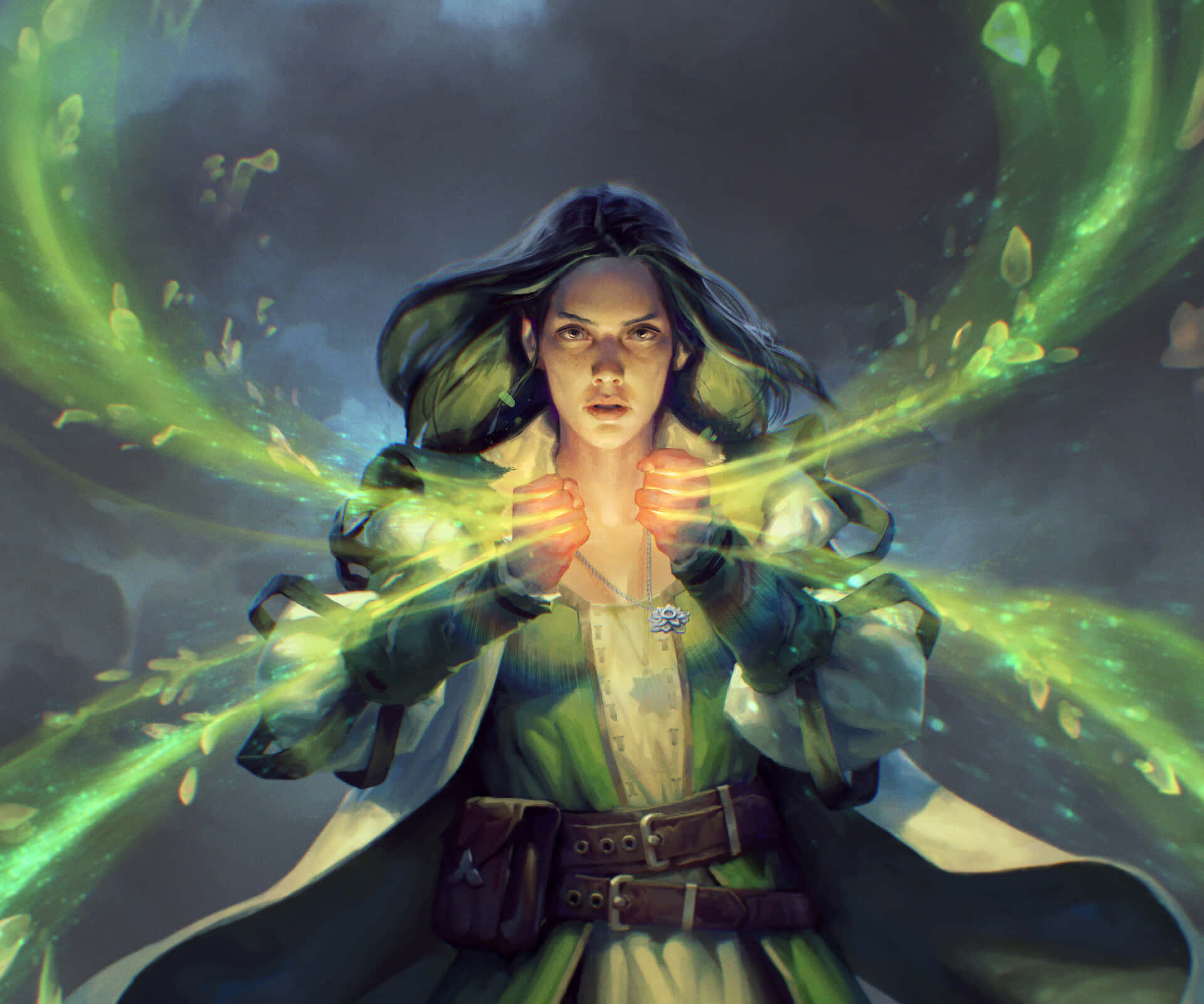 Gwent The Witcher Card Game, female mage, vibrant green energy, Full HD Desktop Wallpaper