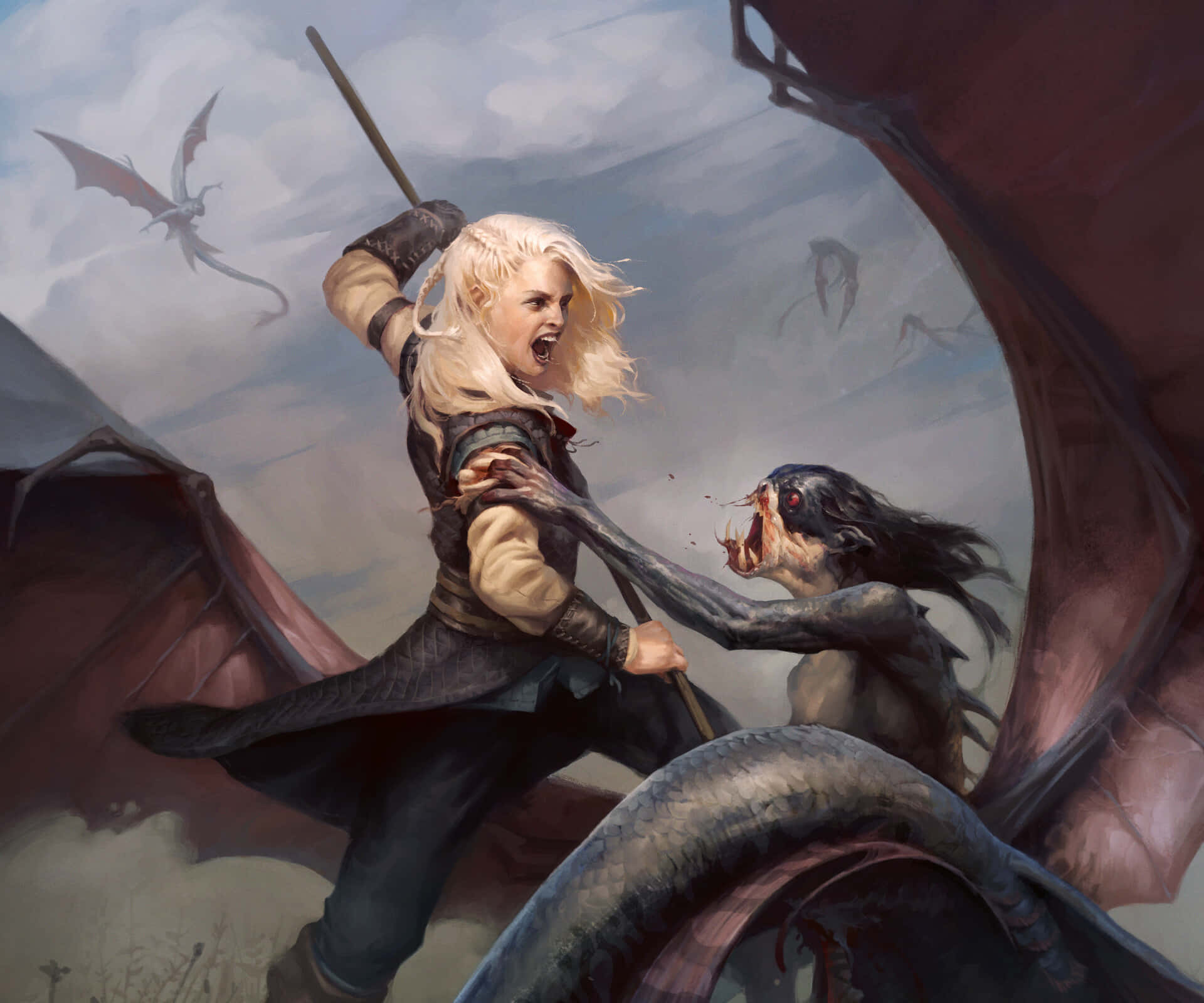 Gwent The Witcher Card Game, blonde warrior, monstrous dragon, Full HD Desktop Wallpaper