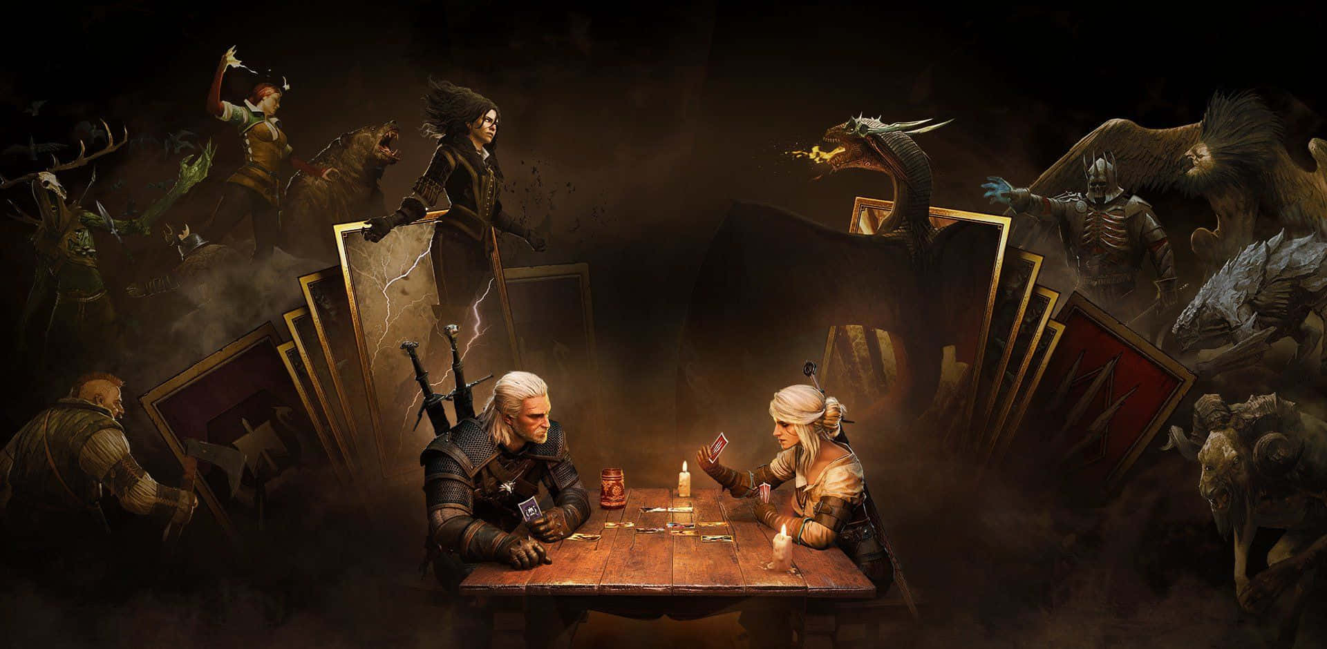 Gwent The Witcher Card Game, dimly lit table, dark fantasy tavern, Full HD Desktop Wallpaper