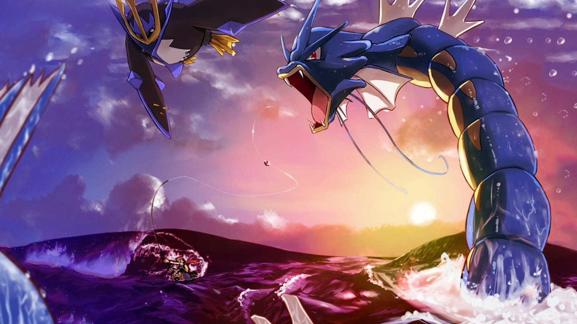 Gyarados, sunset, purple waters, Full HD Desktop Wallpaper