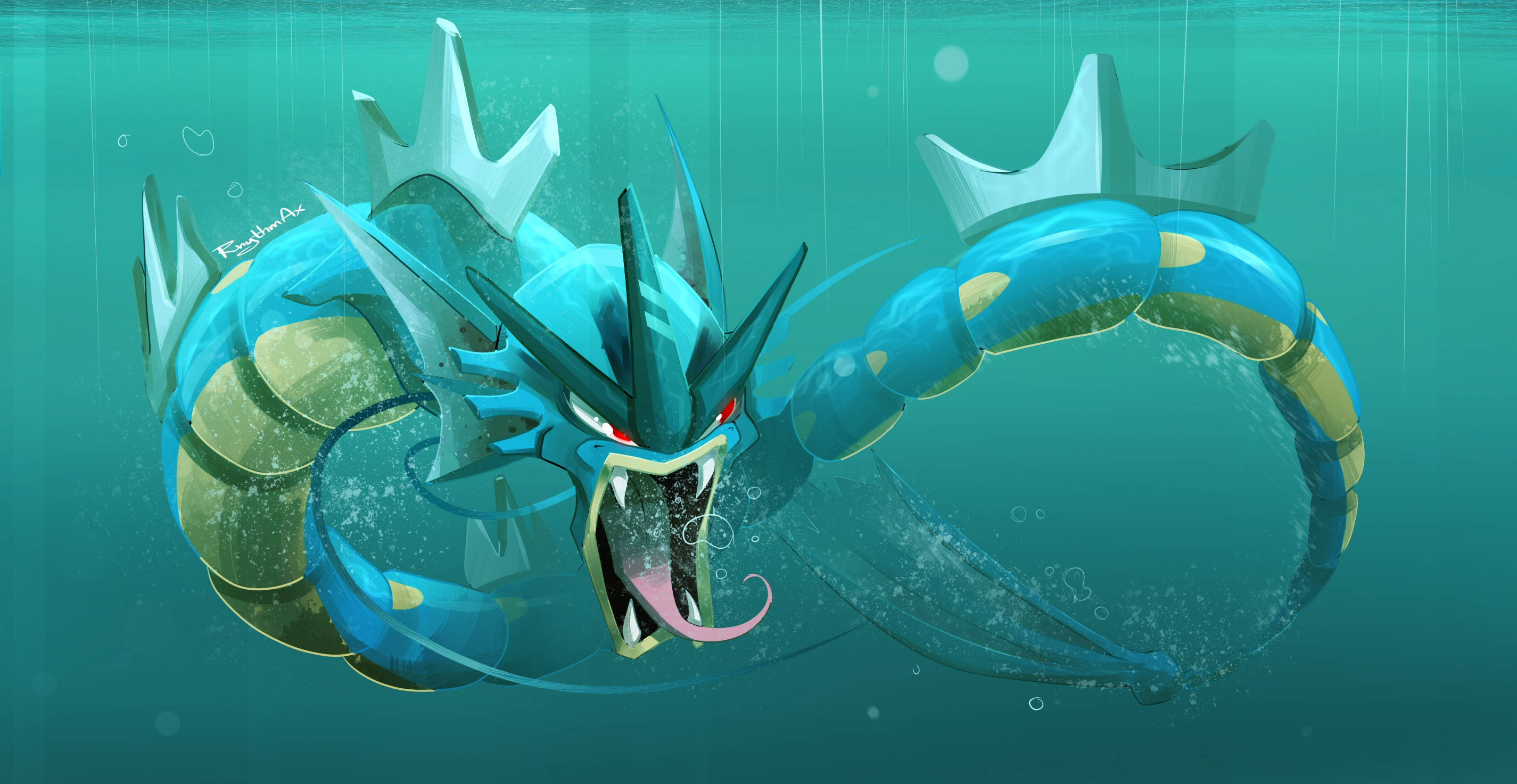 Gyarados, blue and gold, dragon-like, 2K Desktop Wallpaper
