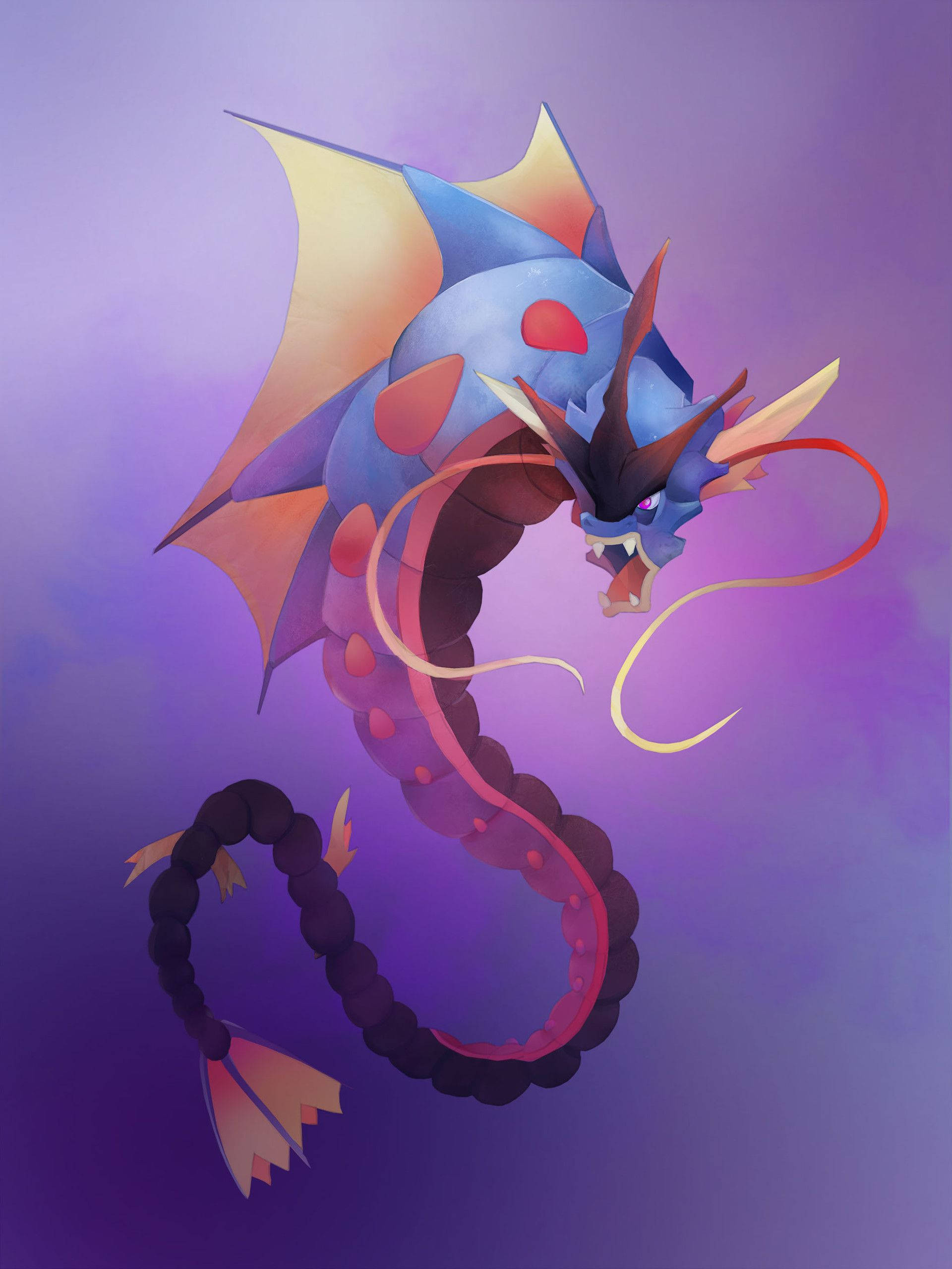 Gyarados, blue dragon, orange wings, 2K Phone Wallpaper