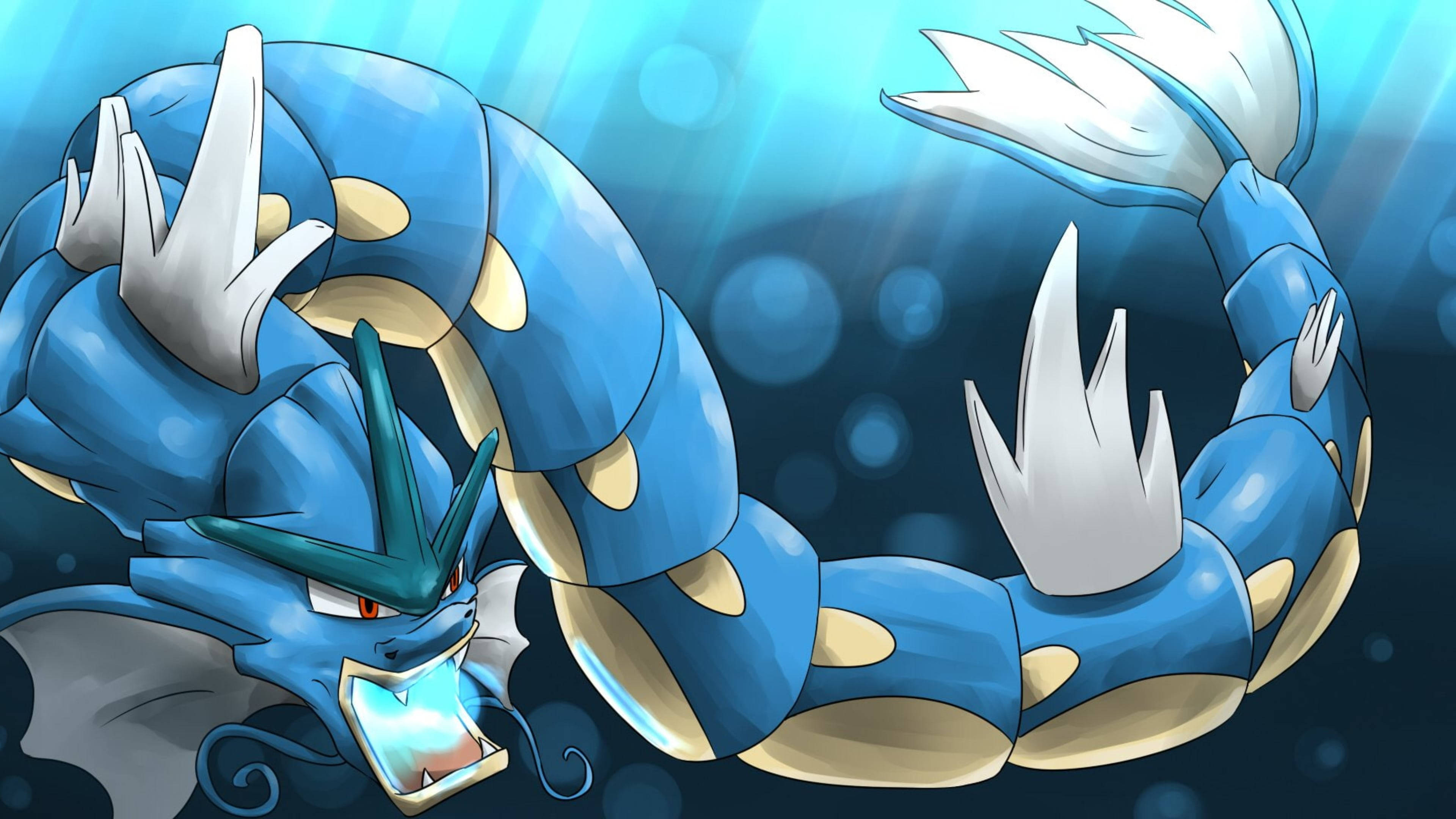 Gyarados, blue, glowing eyes, 4K Desktop Wallpaper