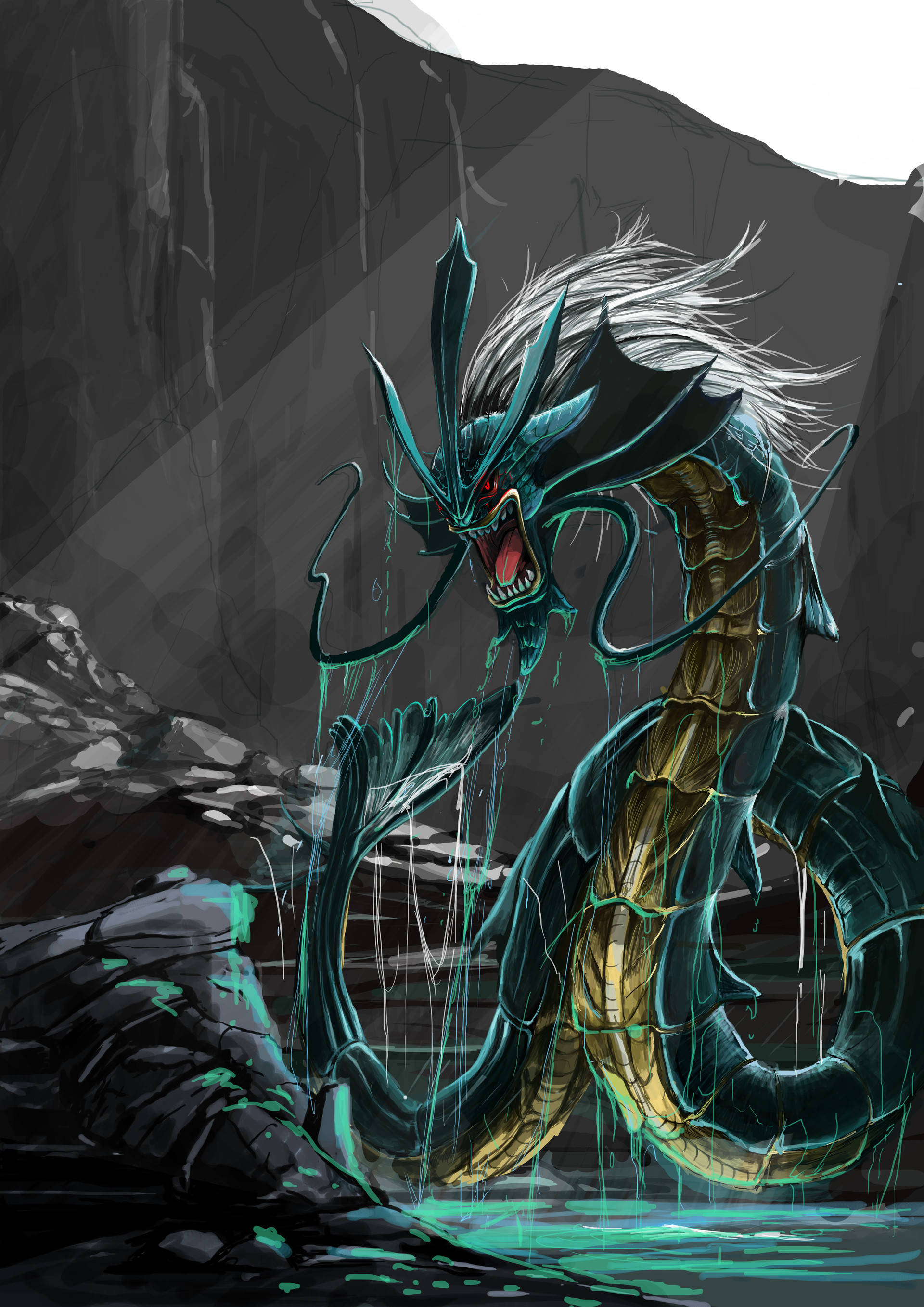 Gyarados, teal, glowing red eyes, 2K Phone Wallpaper