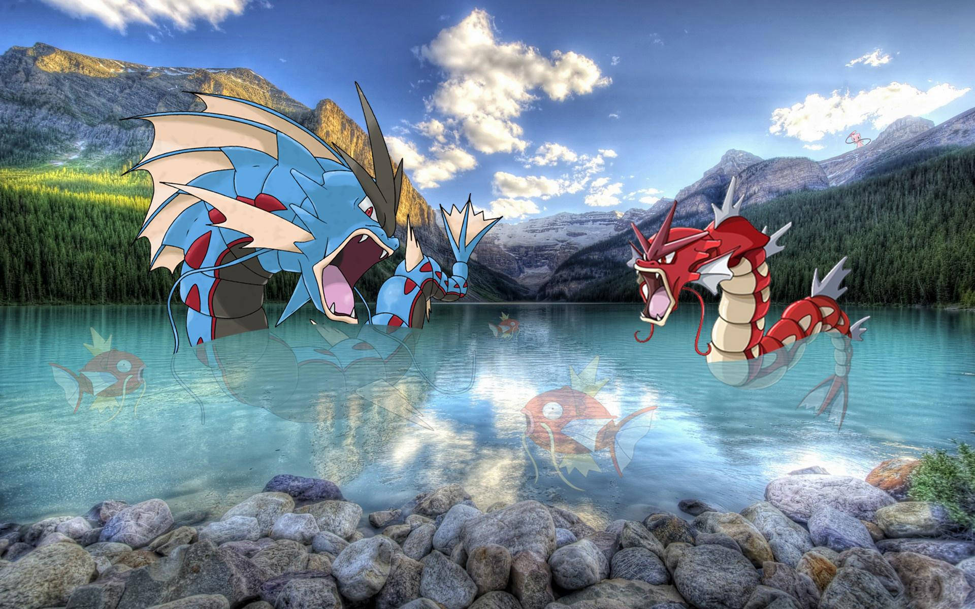 Blue And Red Gyarados, Gyarados, crystal-clear mountain lake, Full HD Desktop Wallpaper