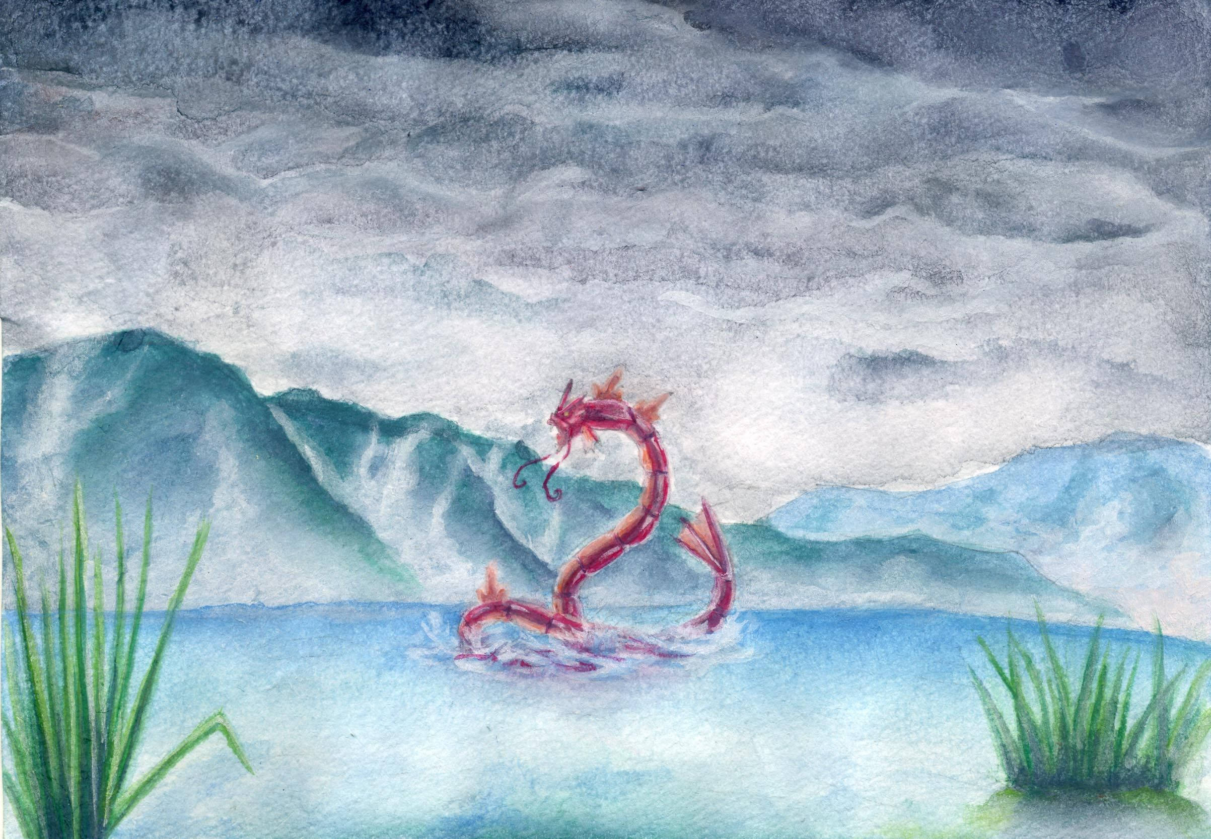 Shiny Gyarados, red water dragon, misty lake, Full HD Desktop Wallpaper