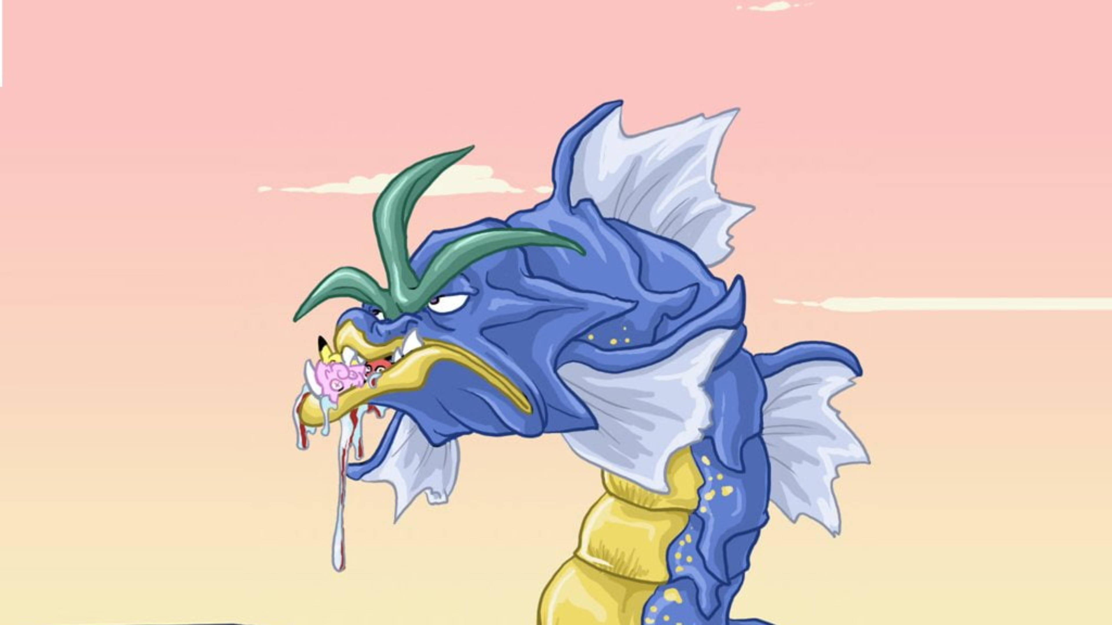 Gyarados, blue dragon, green horns, 4K Desktop Wallpaper