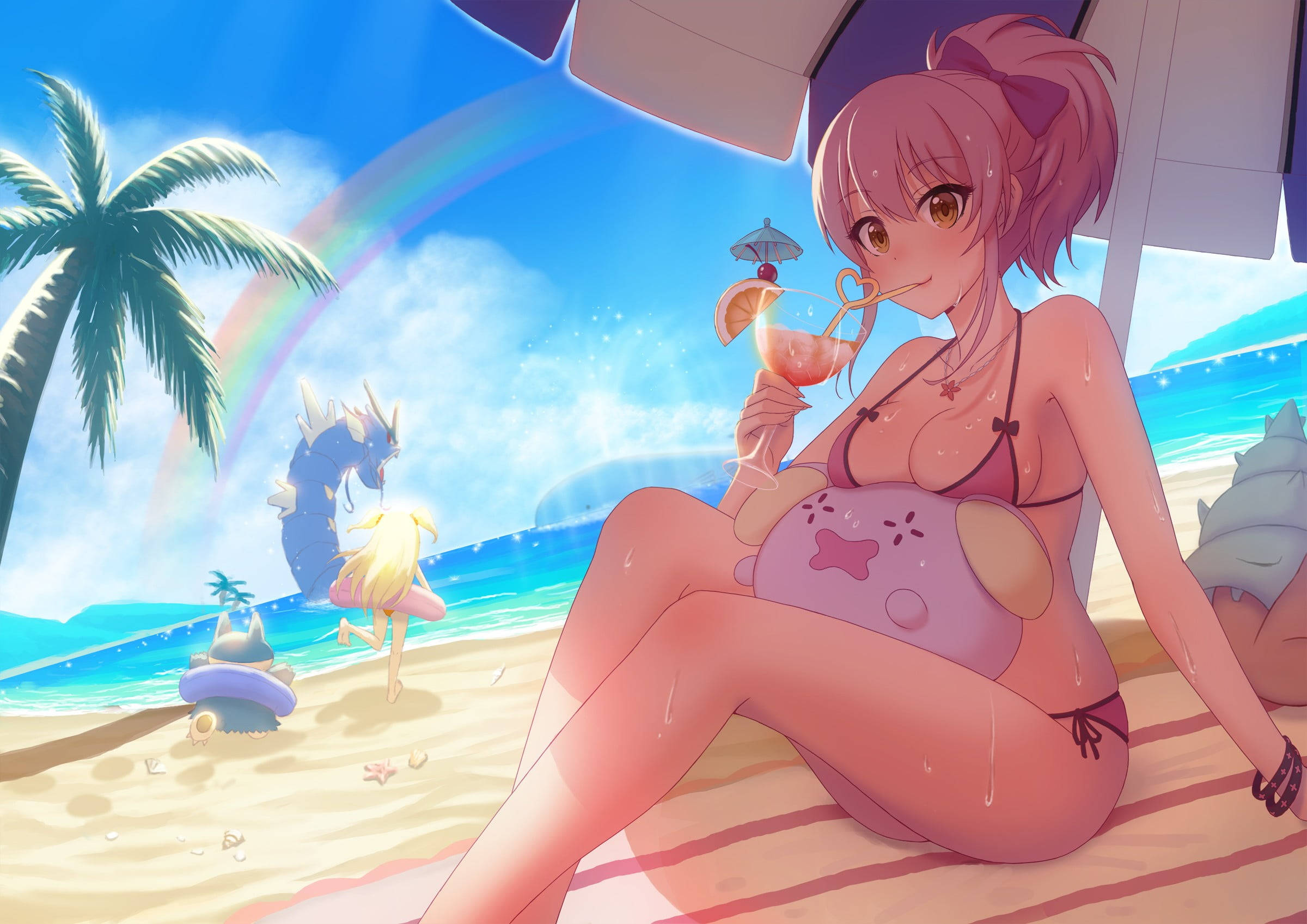 Gyarados, beach, rainbow, Full HD Desktop Wallpaper