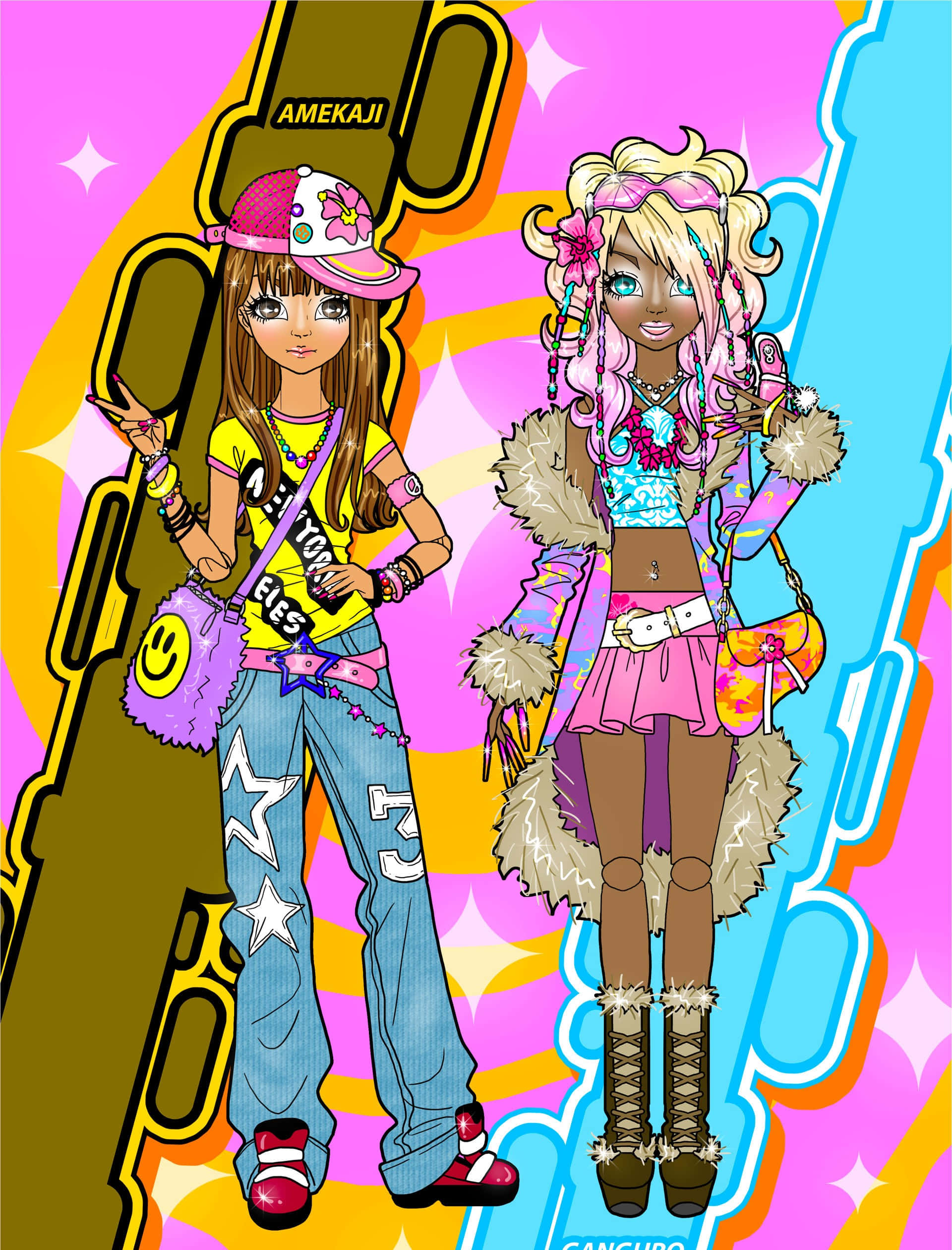 Gyaru Fashion, anime girls, colorful punk fashion, Full HD Phone Wallpaper