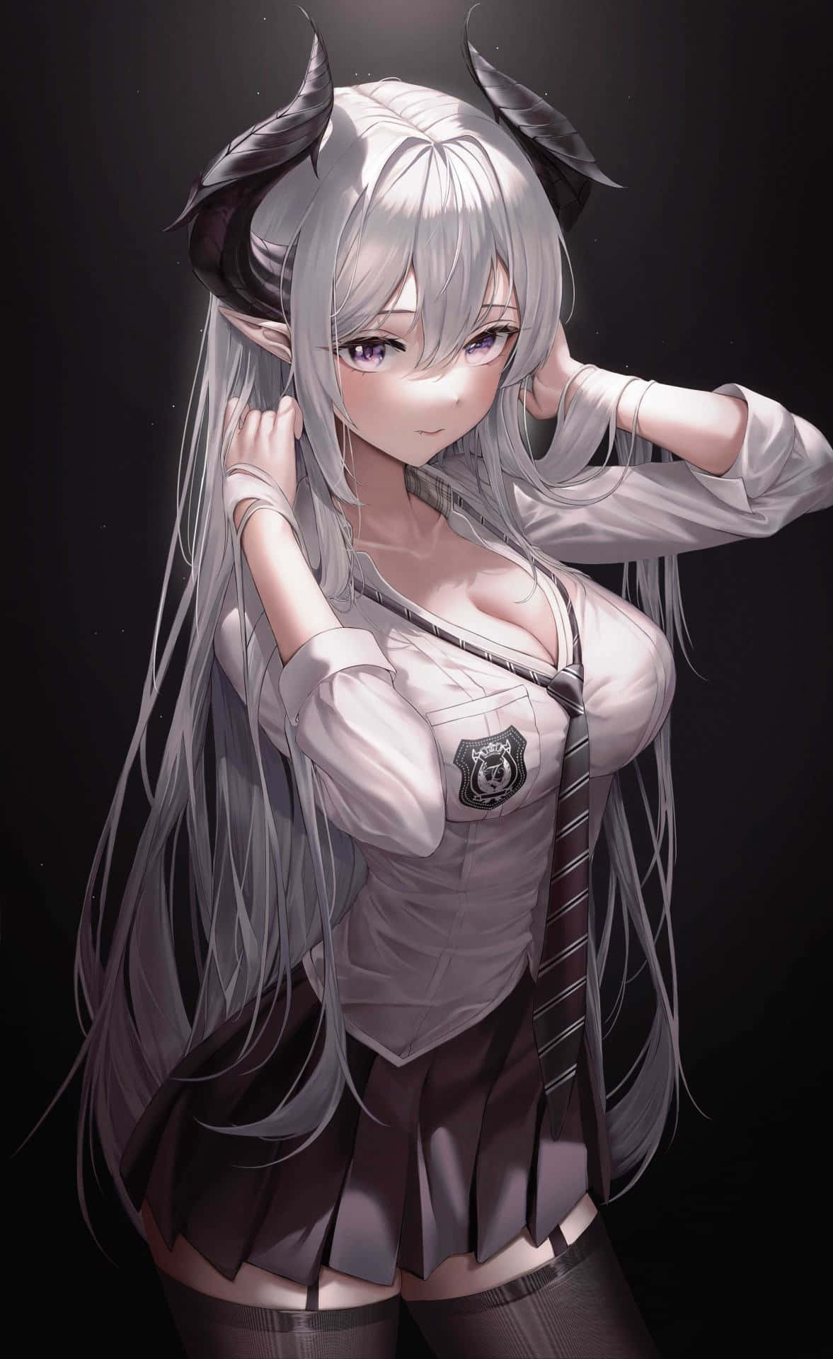 silver-haired, black horns, purple eyes, Full HD Phone Wallpaper