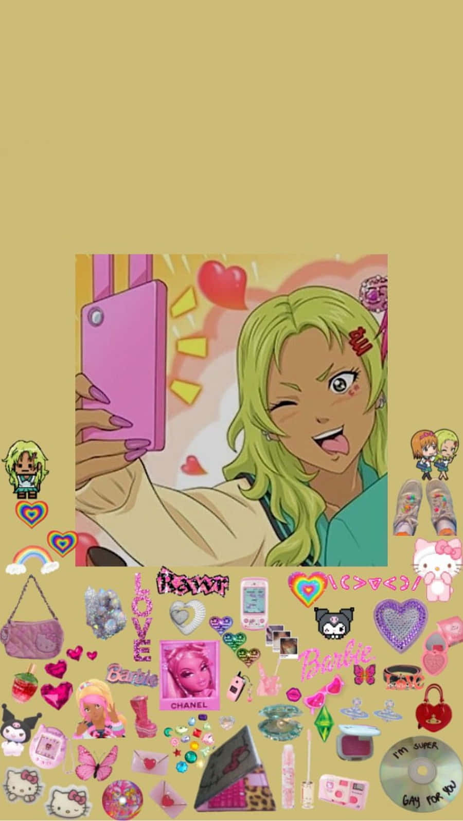 Gyaru, green hair, pink glittery stickers, HD Phone Wallpaper