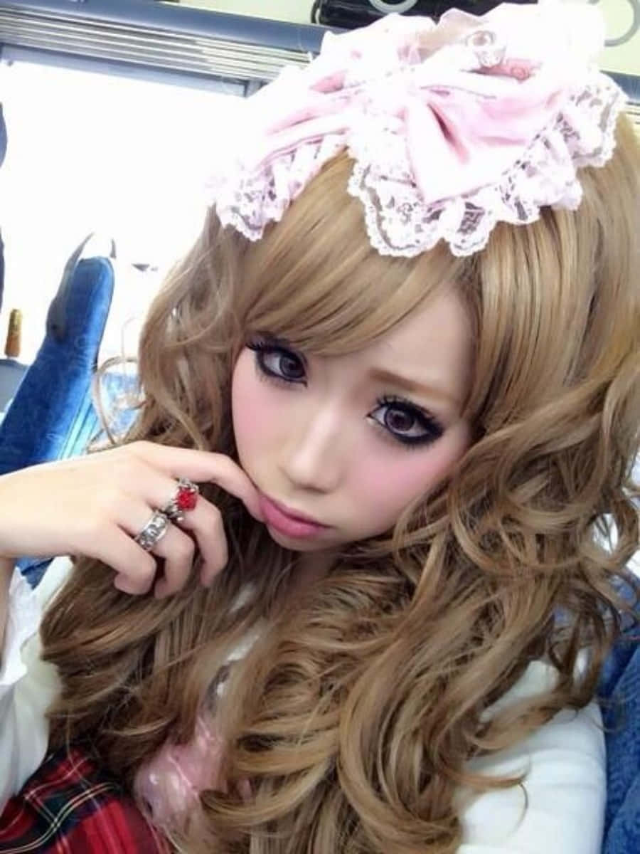 Gyaru, blonde curls, pink lace headband, SD Phone Wallpaper