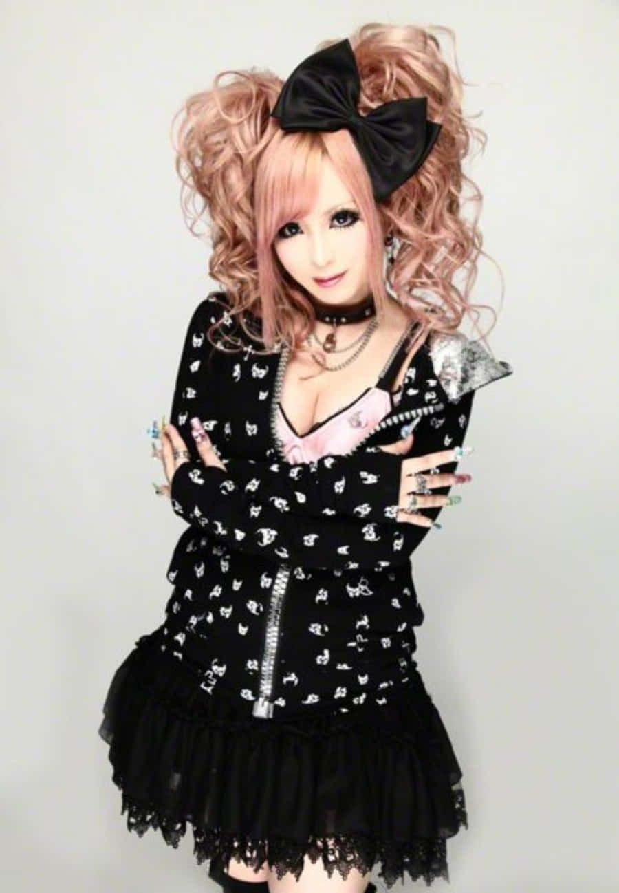 Gyaru, pink curly hair, large black bow, HD Phone Wallpaper