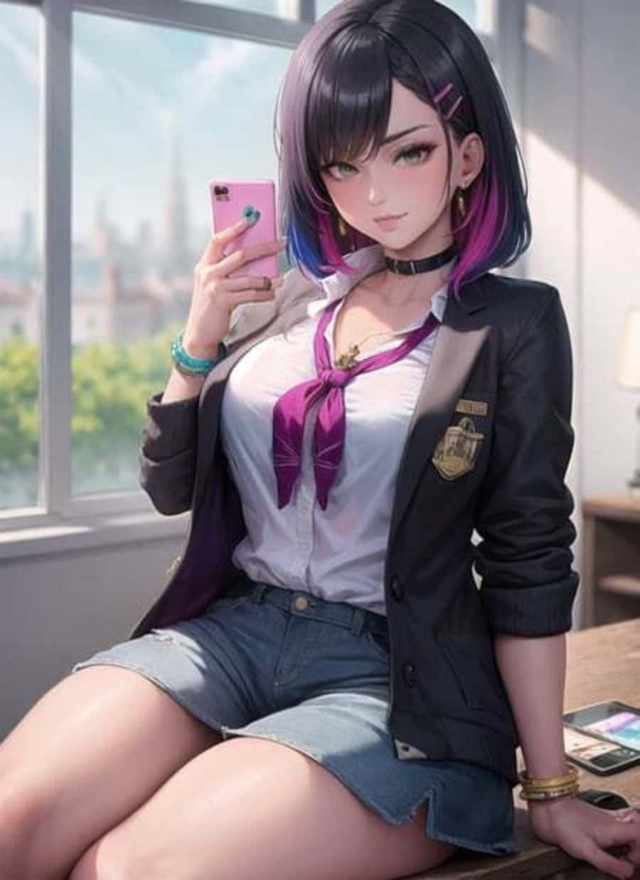 Gyaru, purple and blue hair, school blazer, SD Phone Wallpaper