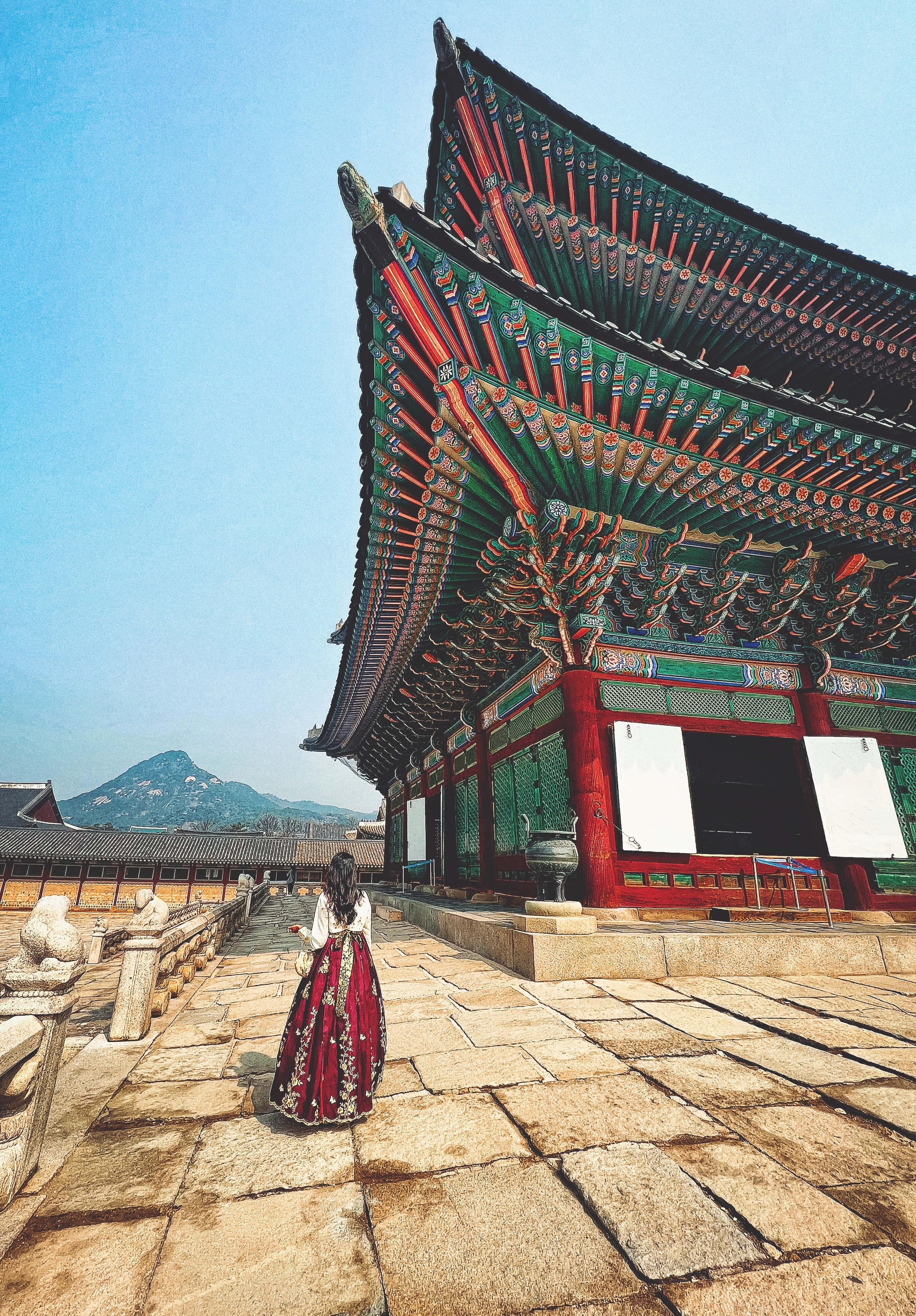 woman, red hanbok, Gyeongbokgung Palace, 4K Phone Wallpaper