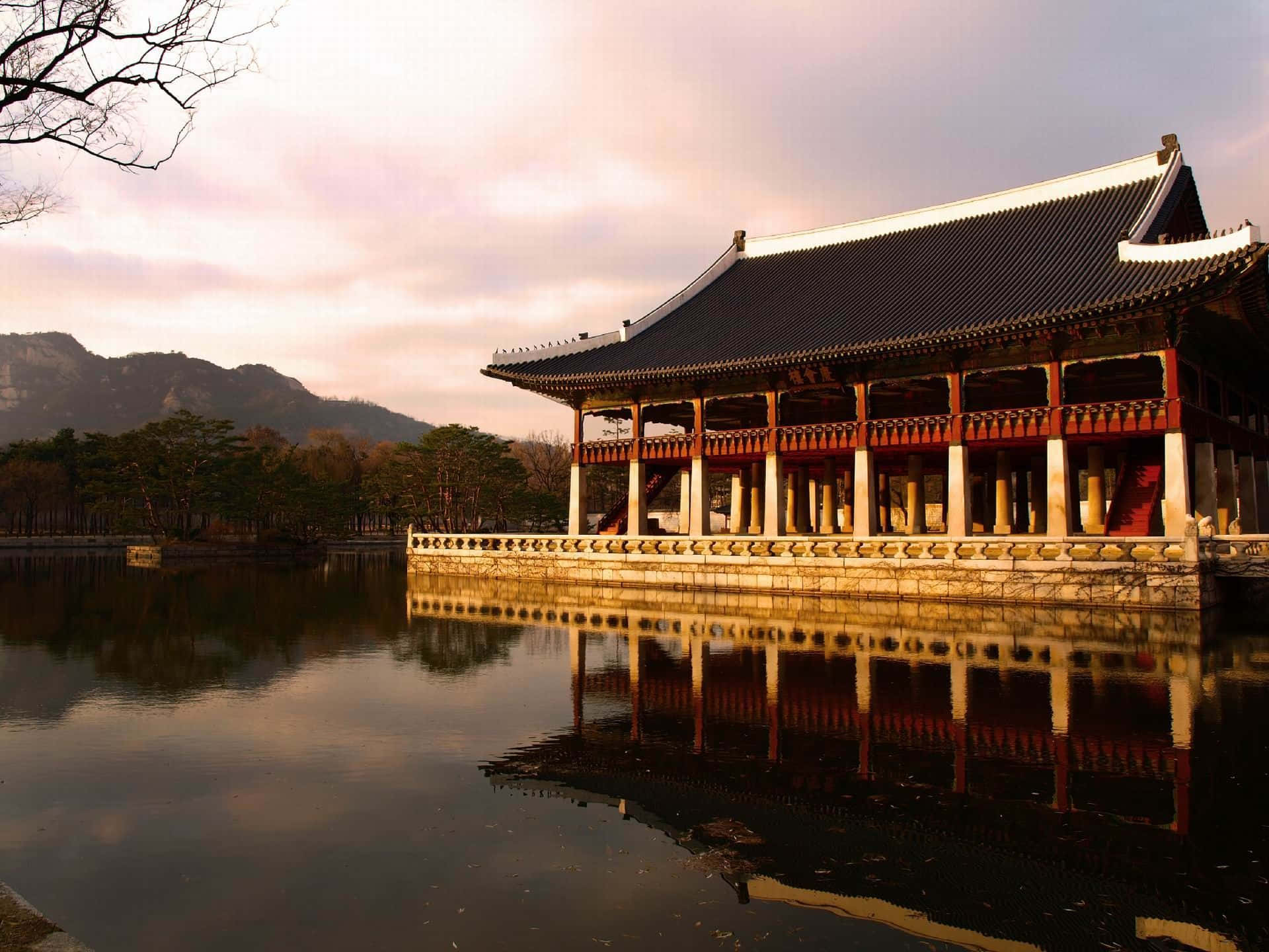 Gyeongbokgung Palace, traditional Korean pavilion, curved roof, Full HD Desktop Wallpaper