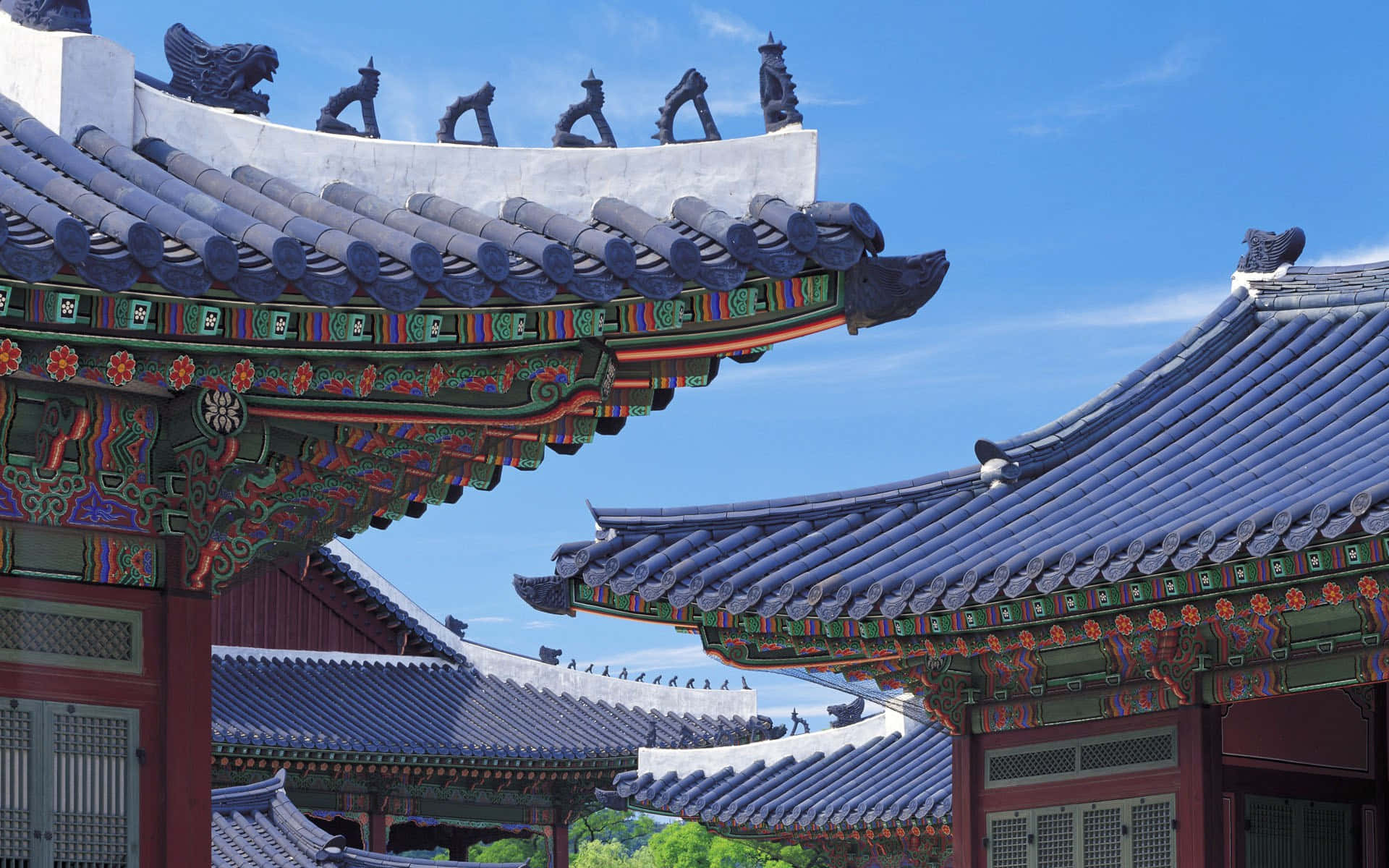 Gyeongbokgung Palace, traditional Korean temple roofs, ornate blue tiles, Full HD Desktop Wallpaper