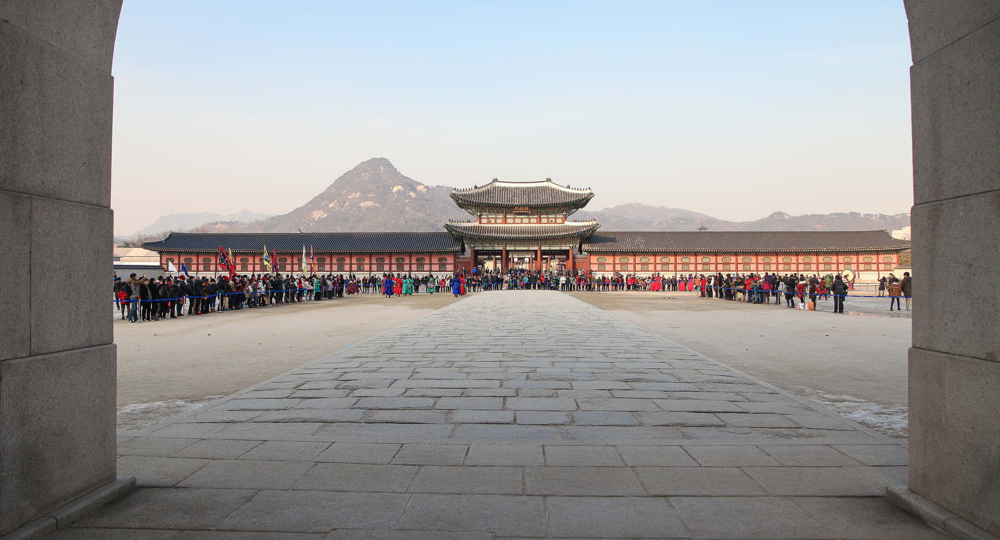 Gyeongbokgung Palace, traditional Korean palace courtyard, stone arches, Full HD Desktop Wallpaper