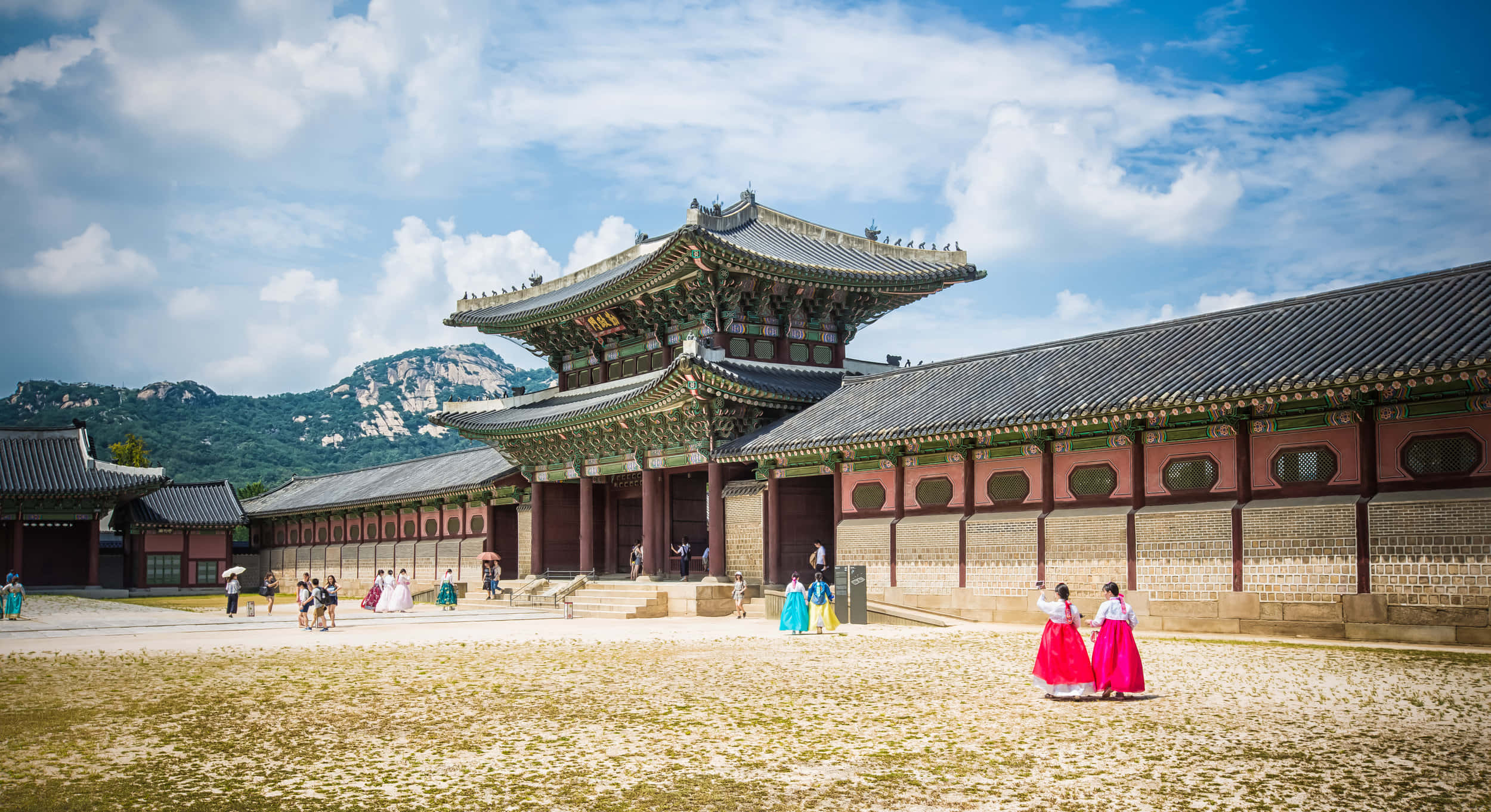 Gyeongbokgung Palace, hanboks, ornate roofs, Full HD Desktop Wallpaper