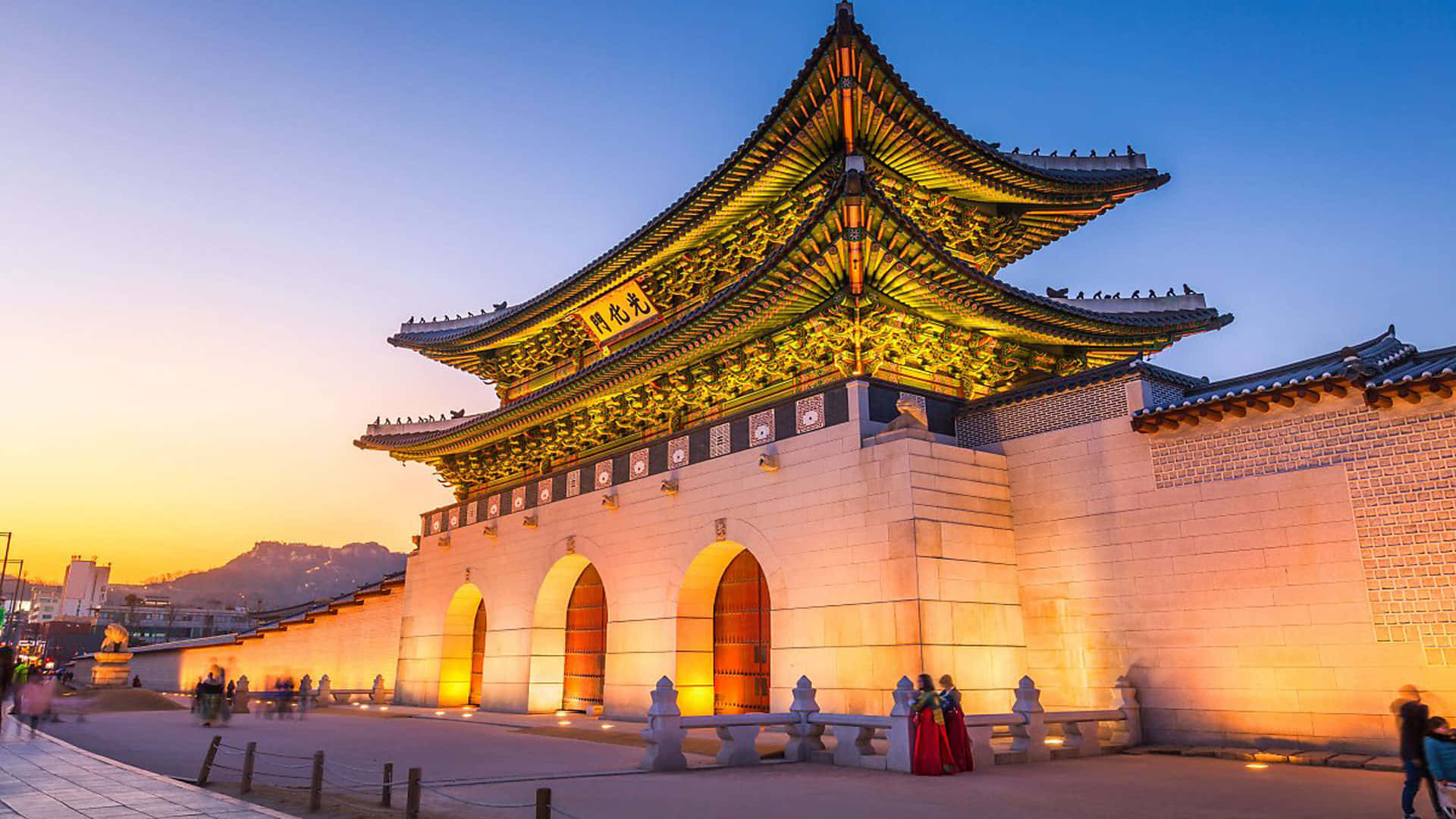 Gyeongbokgung Palace, sunset, warm lights, Full HD Desktop Wallpaper