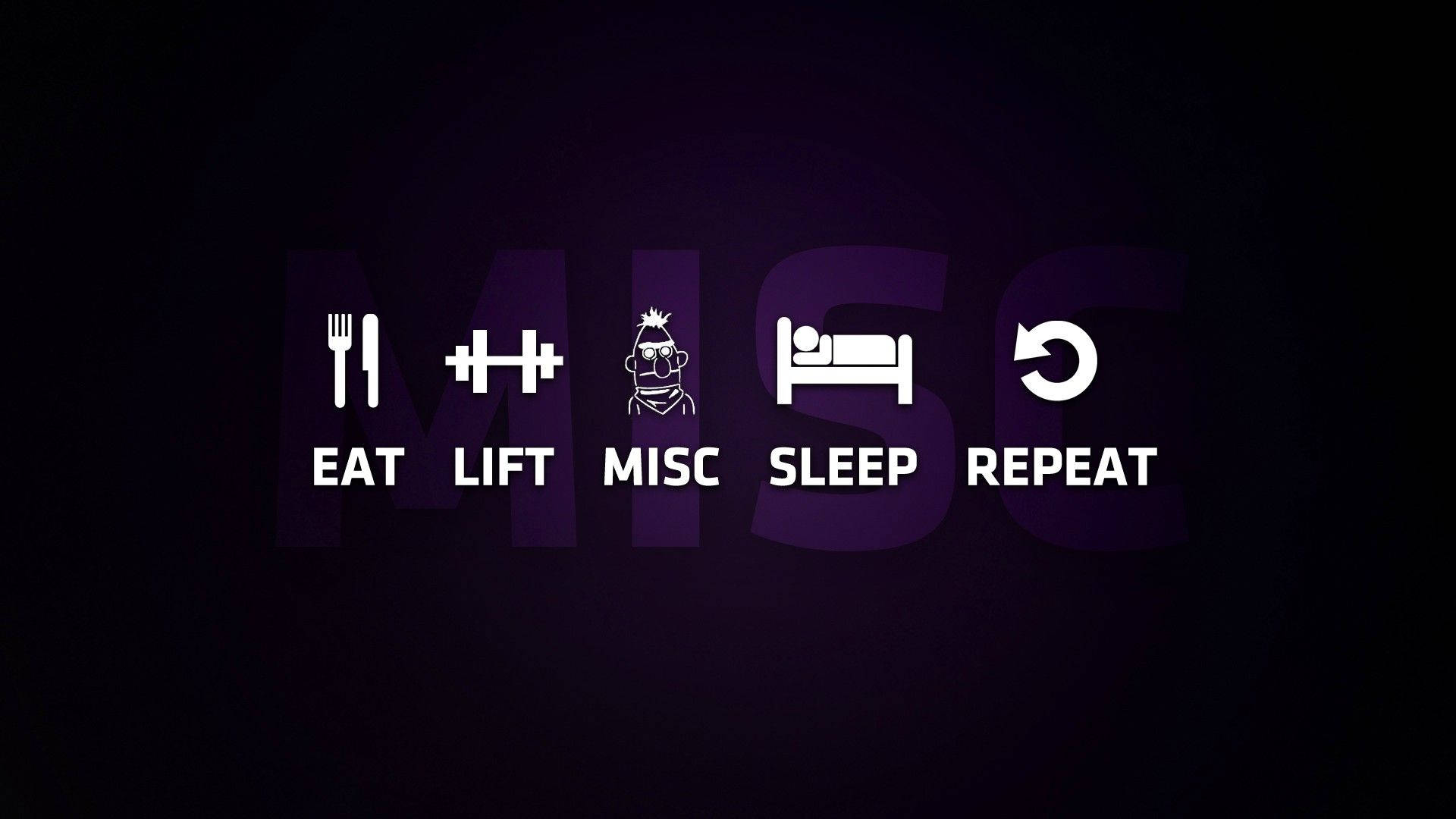 dark purple background, white minimalist icons, text: eat lift misc sleep repeat, Full HD Desktop Wallpaper