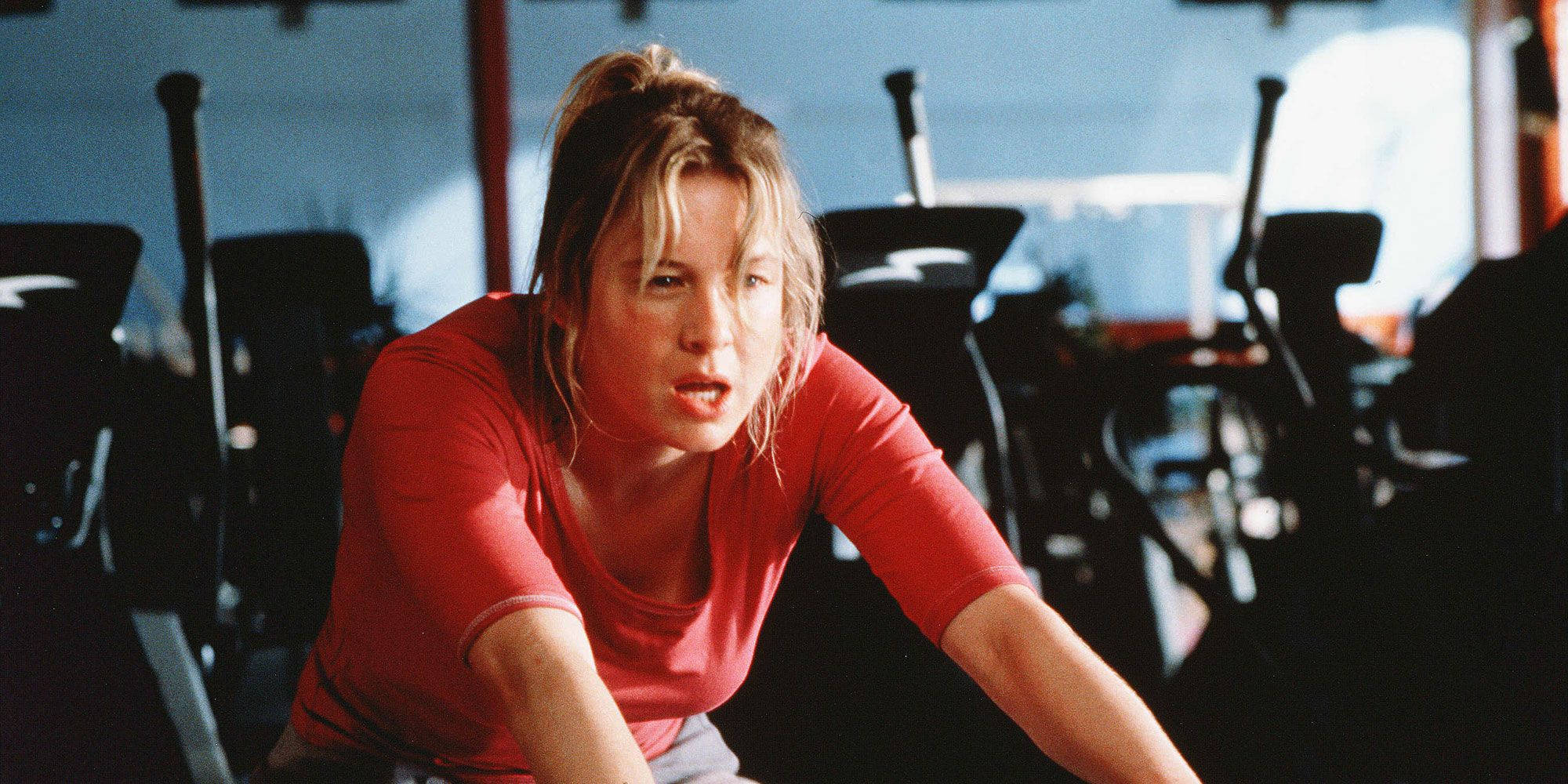 red shirt, stationary bike, dimly lit gym, Full HD Desktop Wallpaper