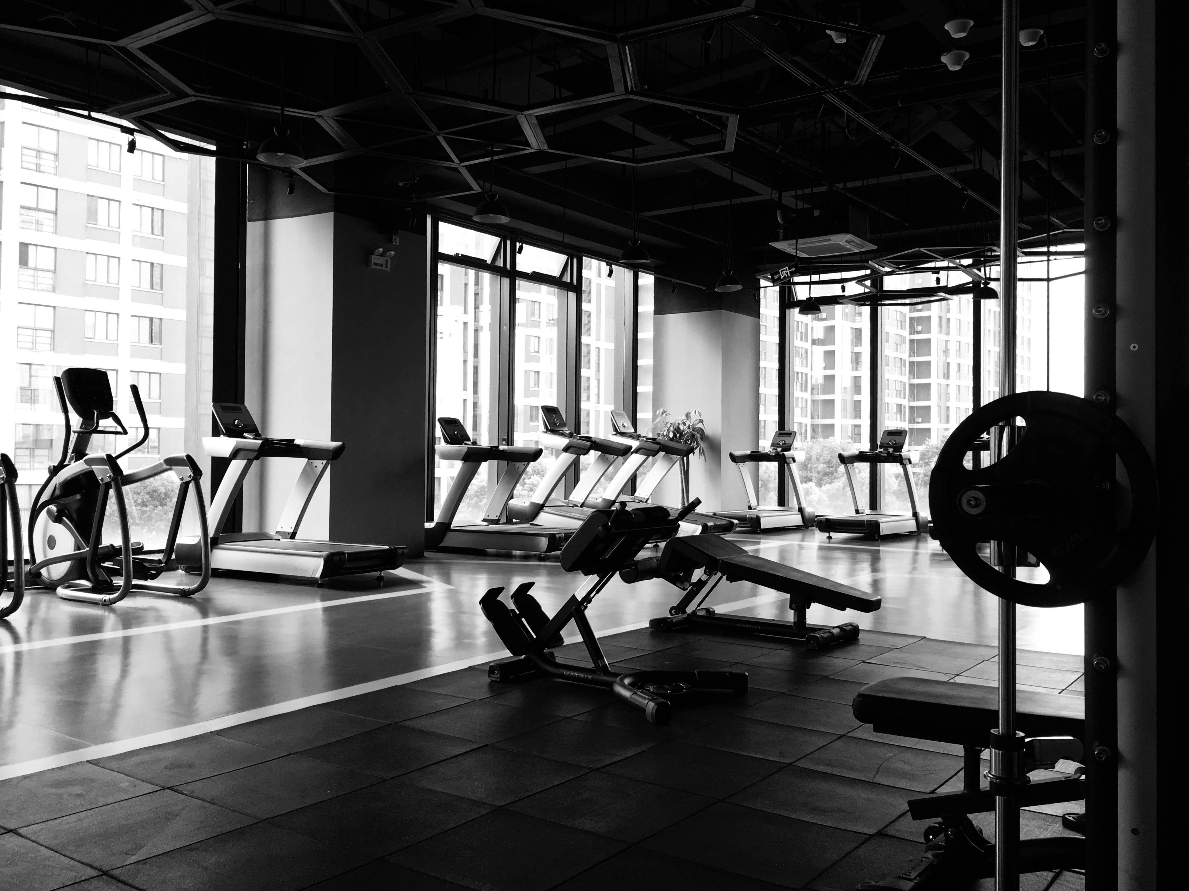 grayscale fitness gym view, black and white gym interior, treadmills, 2K Desktop Wallpaper