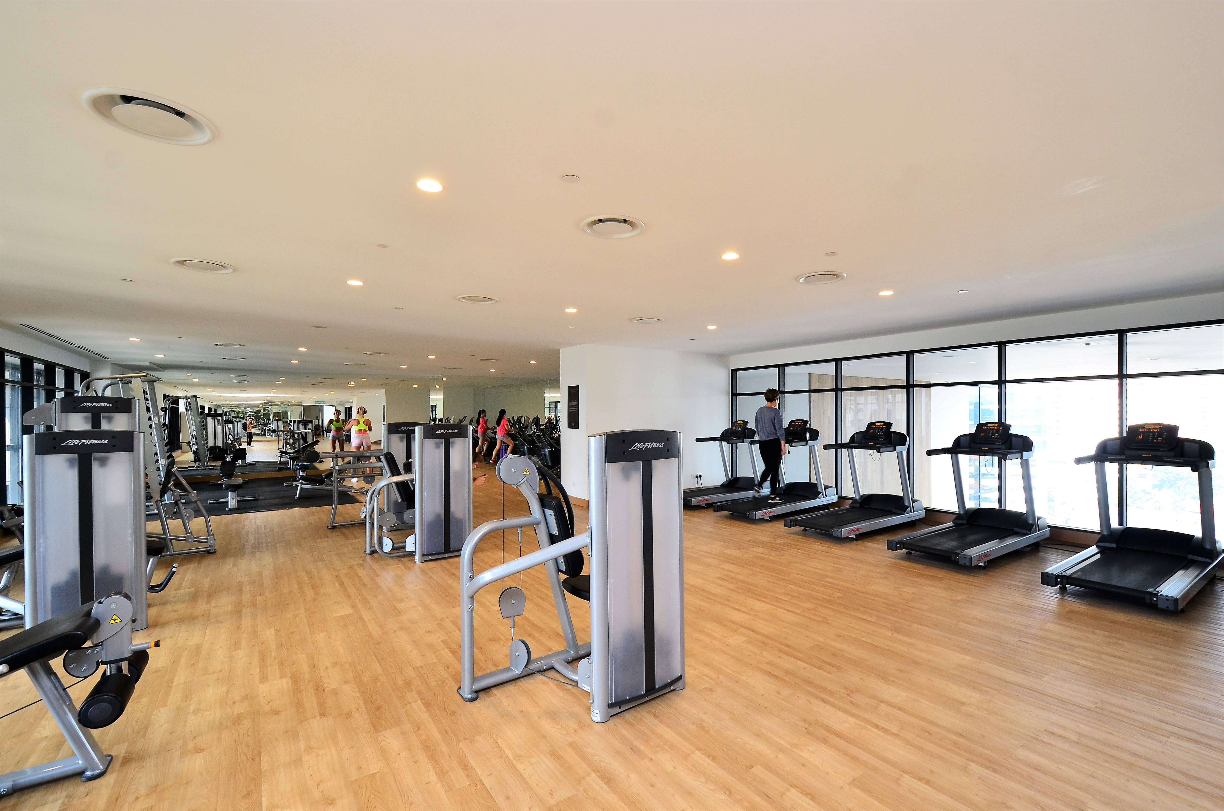 wood paneled gym, treadmills, weight machines, 4K Desktop Wallpaper