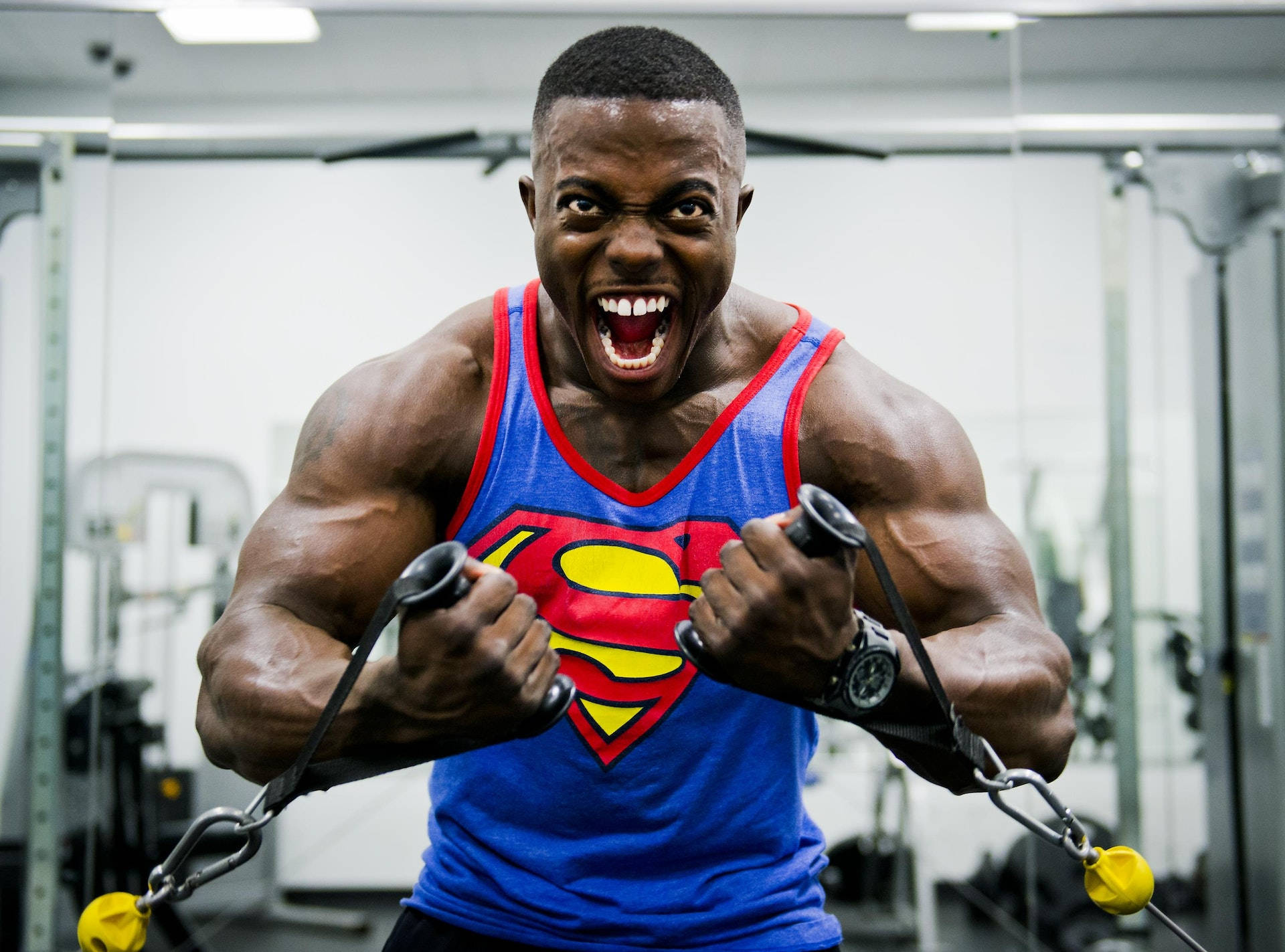 Superman tank top, cable machines, gym, Full HD Desktop Wallpaper