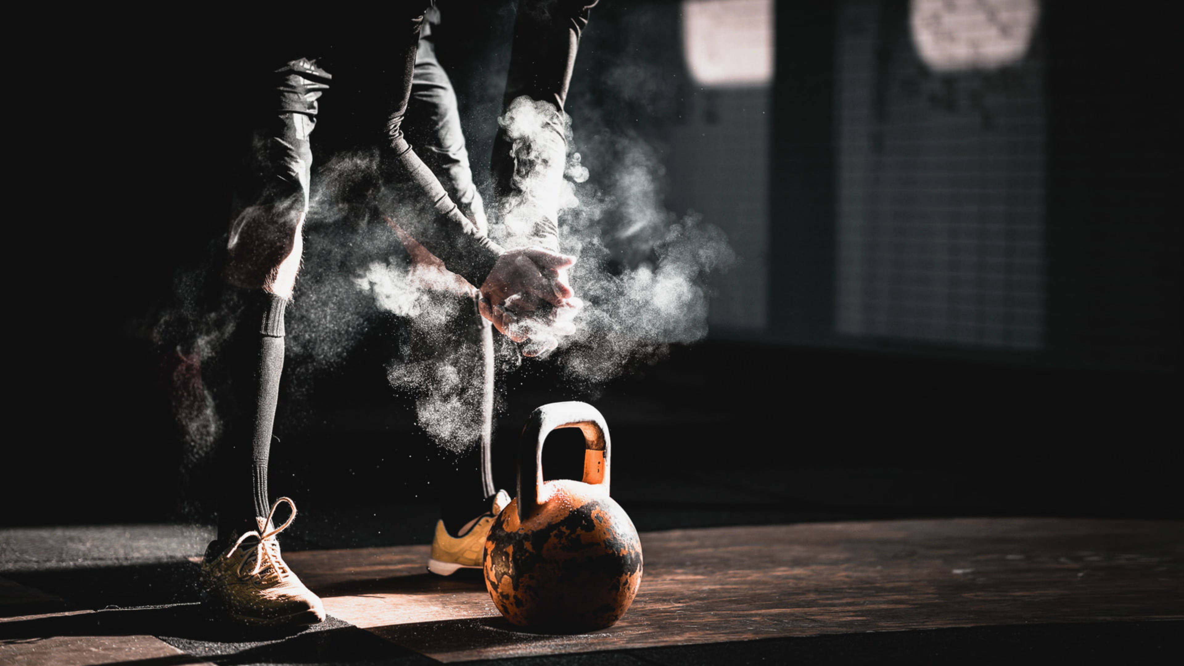 kettlebell, wooden floor, dramatic spotlight, 4K Desktop Wallpaper