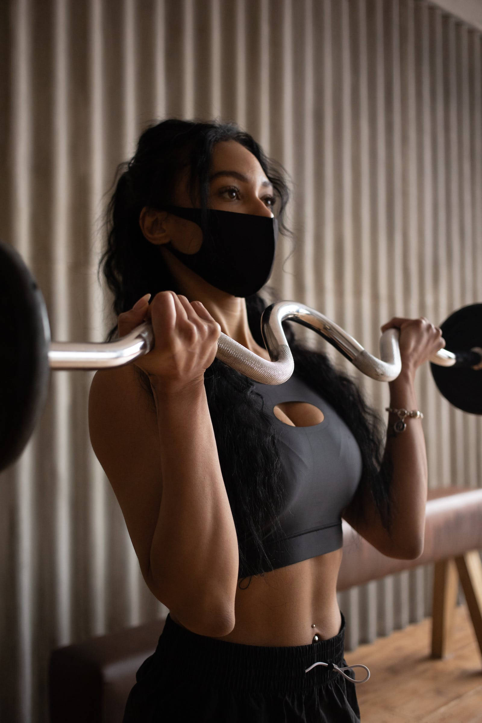 black face mask, curved barbell, modern gym, Full HD Phone Wallpaper