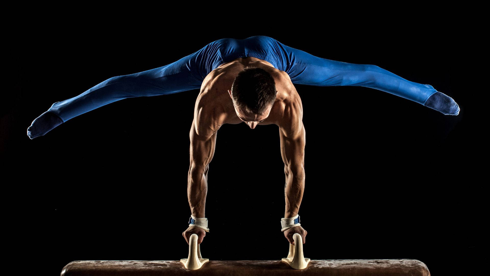 pommel horse, blue leotard, muscular male gymnast, Full HD Desktop Wallpaper