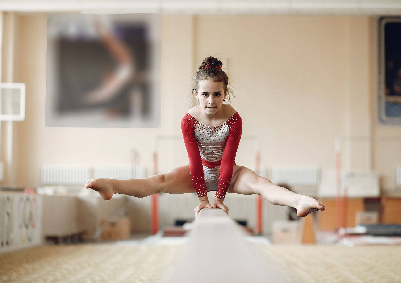 young girl gymnast, balance beam, red and silver leotard, HD Desktop Wallpaper