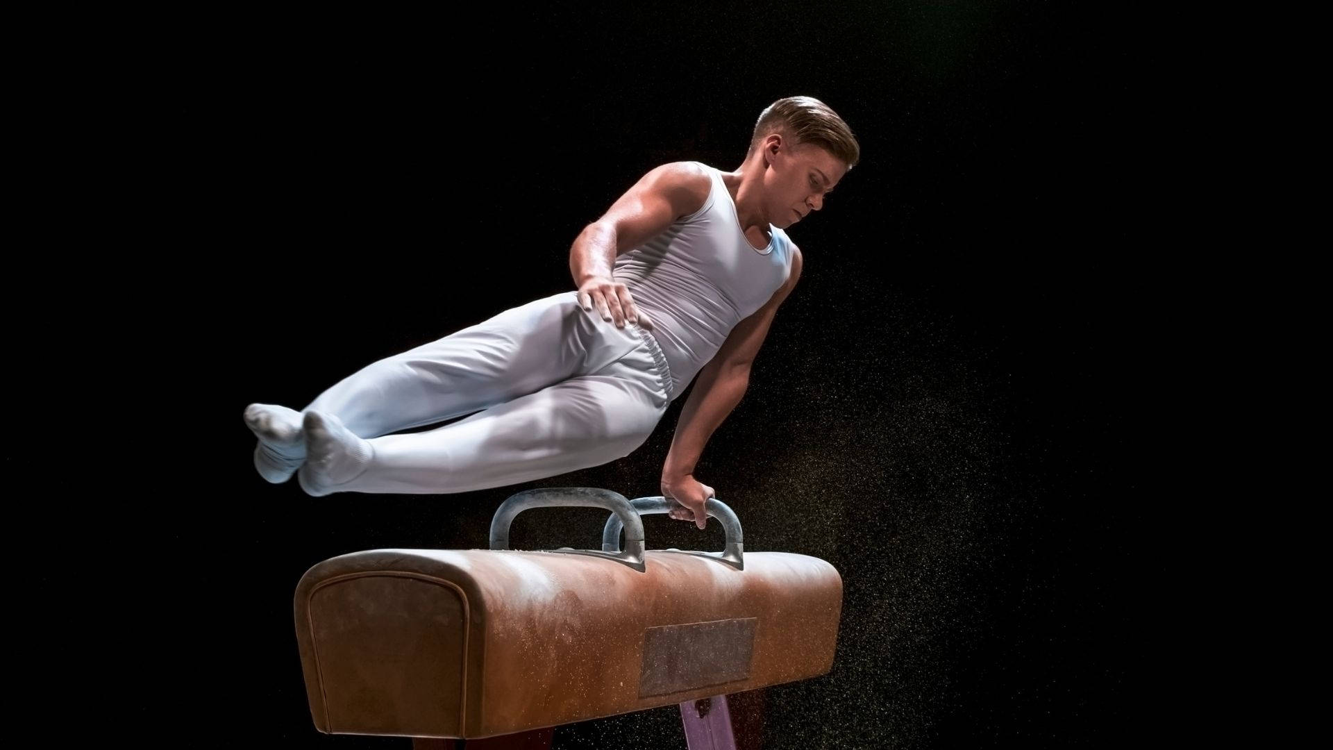 gymnast, pommel horse, white leotards, Full HD Desktop Wallpaper