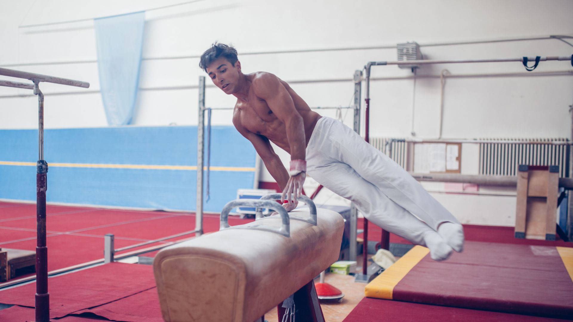 male gymnast, pommel horse, wooden pommel horse, Full HD Desktop Wallpaper