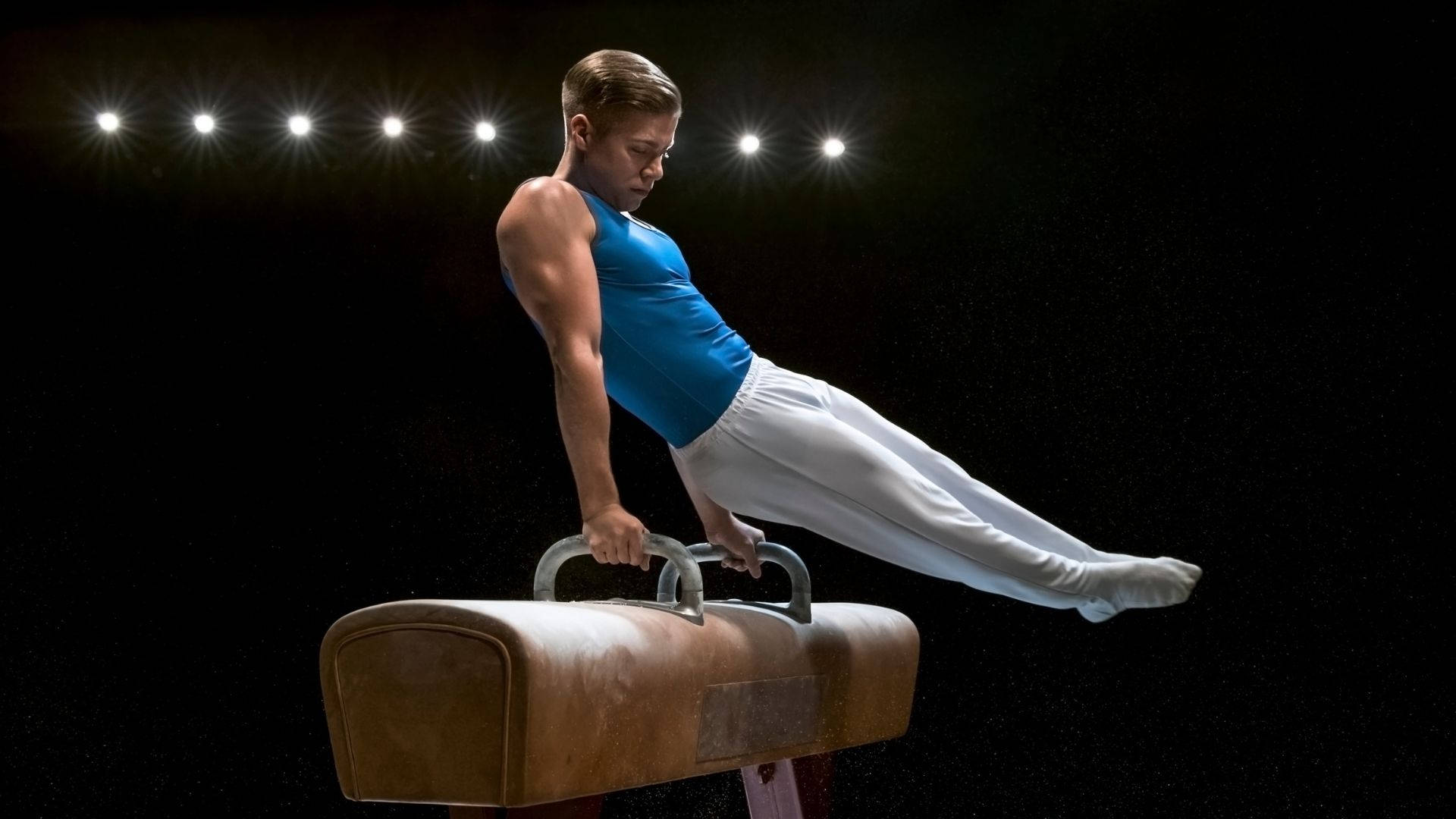 pommel horse, blue top, white pants, Full HD Desktop Wallpaper